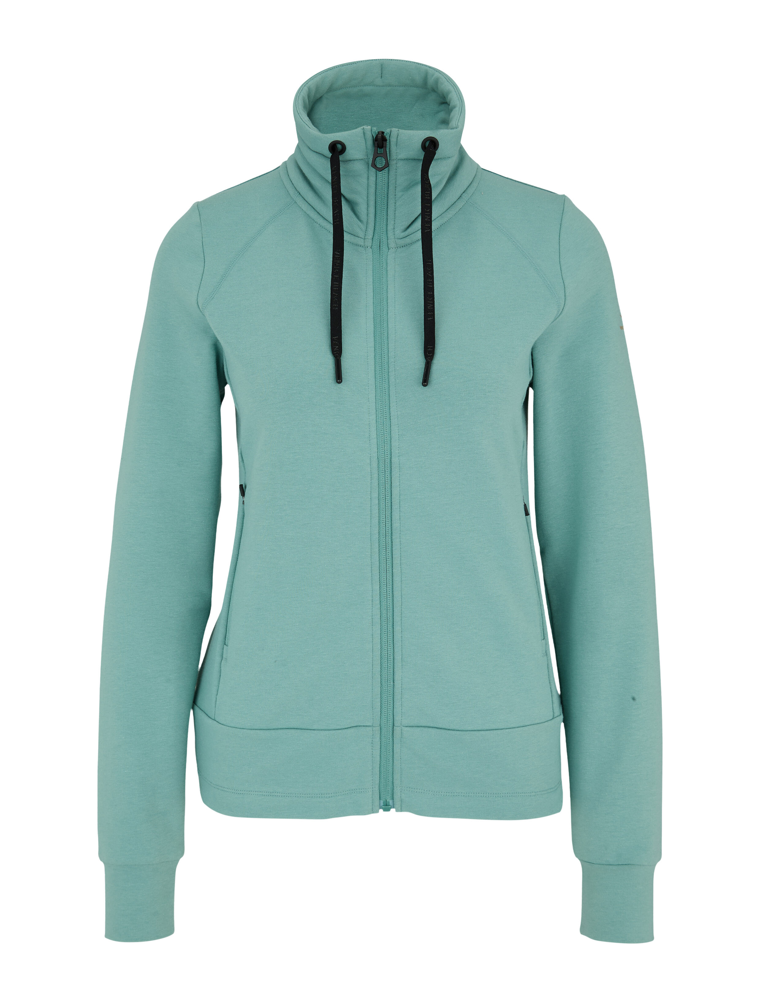 Hellblaue Jacke mit Reißverschluss, hohem Kragen und schwarzen Kordeln, ideal für Freizeitkleidung.