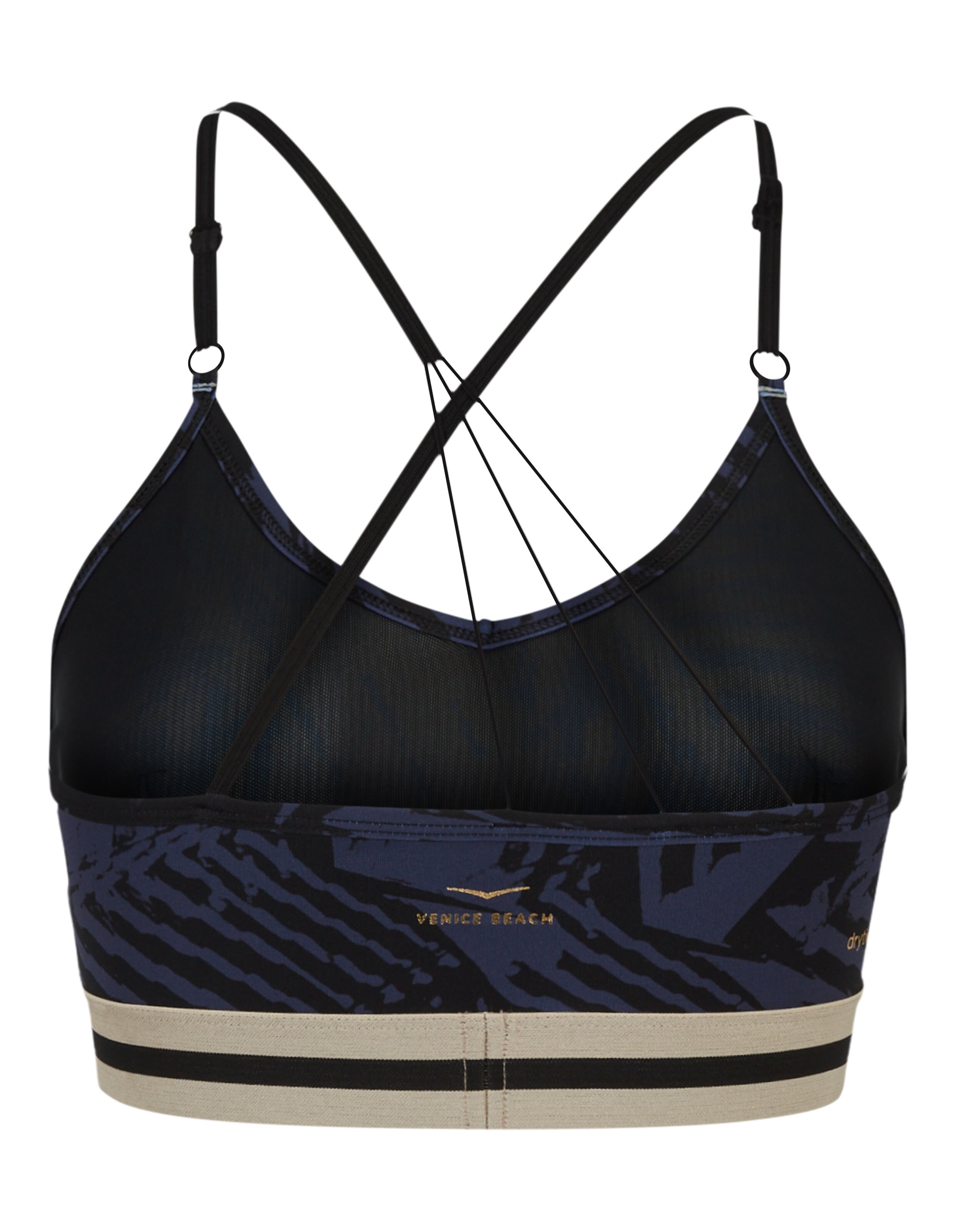 Schwarz-marineblau gemusterter Sport-BH mit überkreuzten Trägern und Logo-Detail.