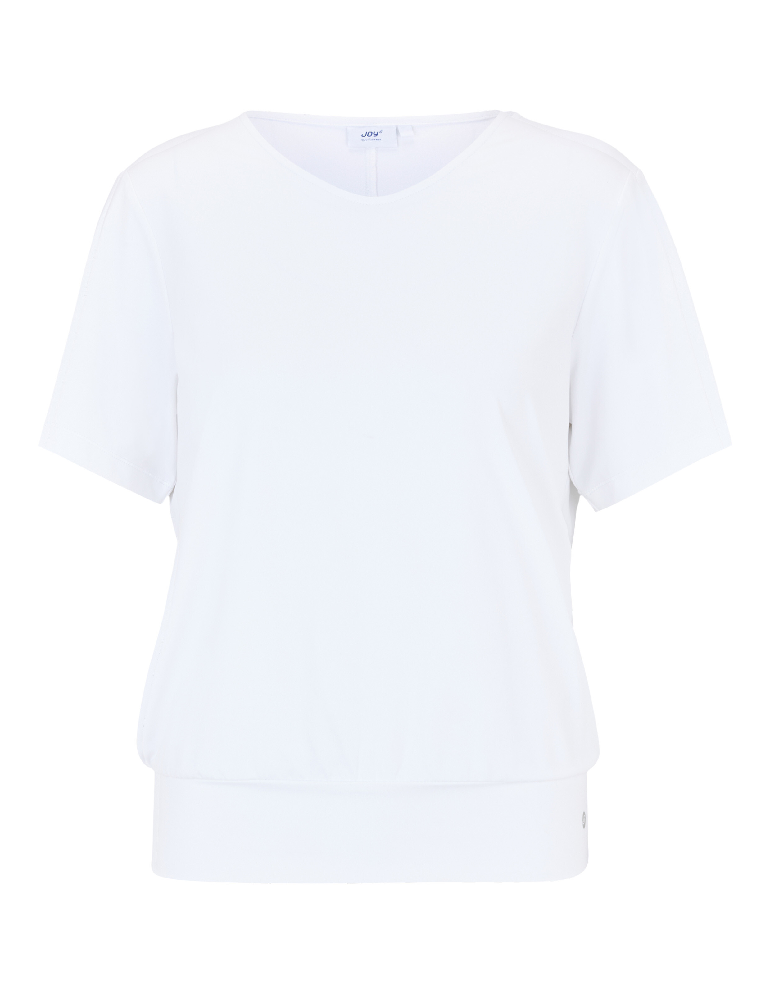 Ein weißes T-Shirt mit V-Ausschnitt und Bündchen am Saum.