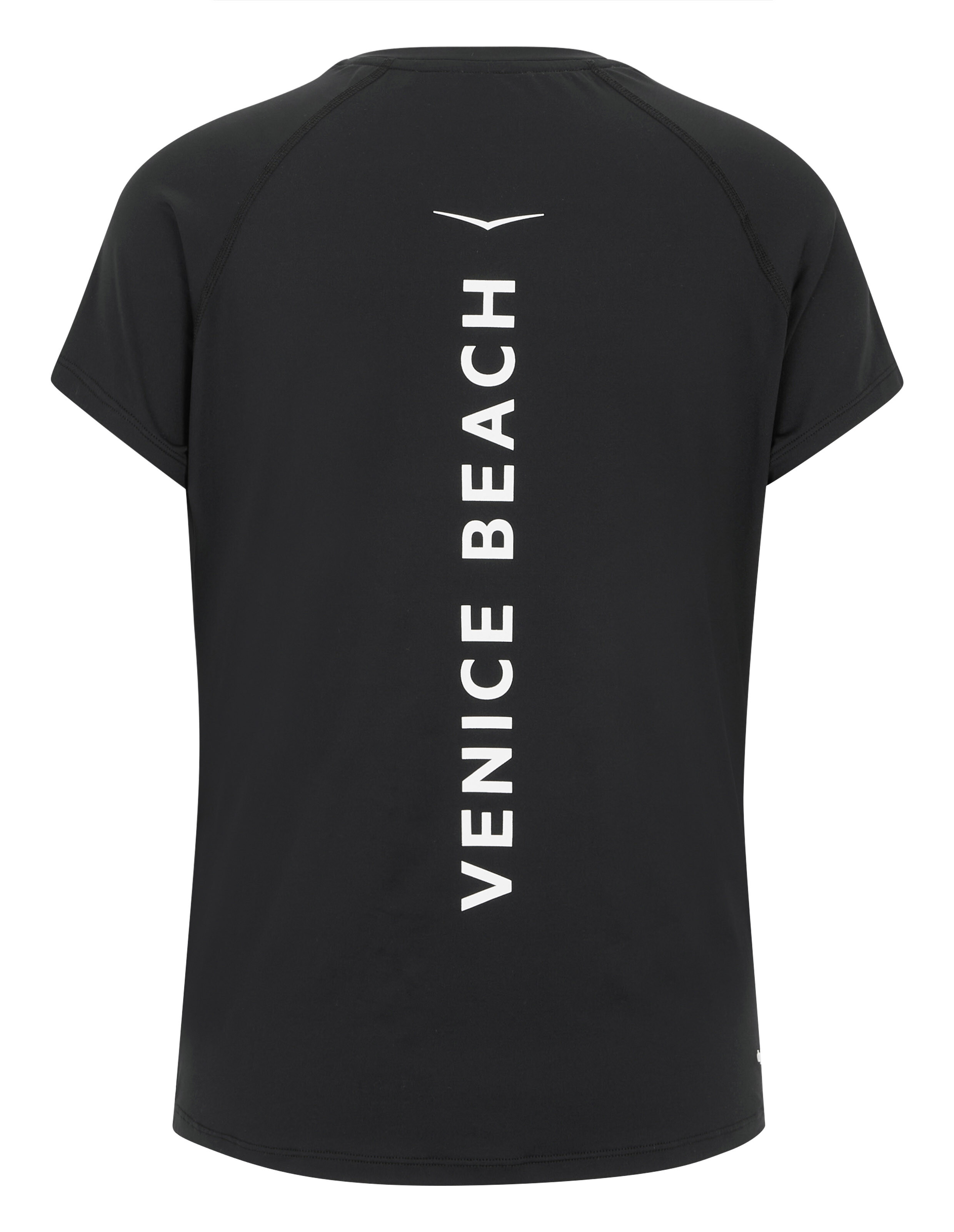 Rückansicht des schwarzen Venice Beach Oda Kurzarmhemds mit vertikalem Logo.