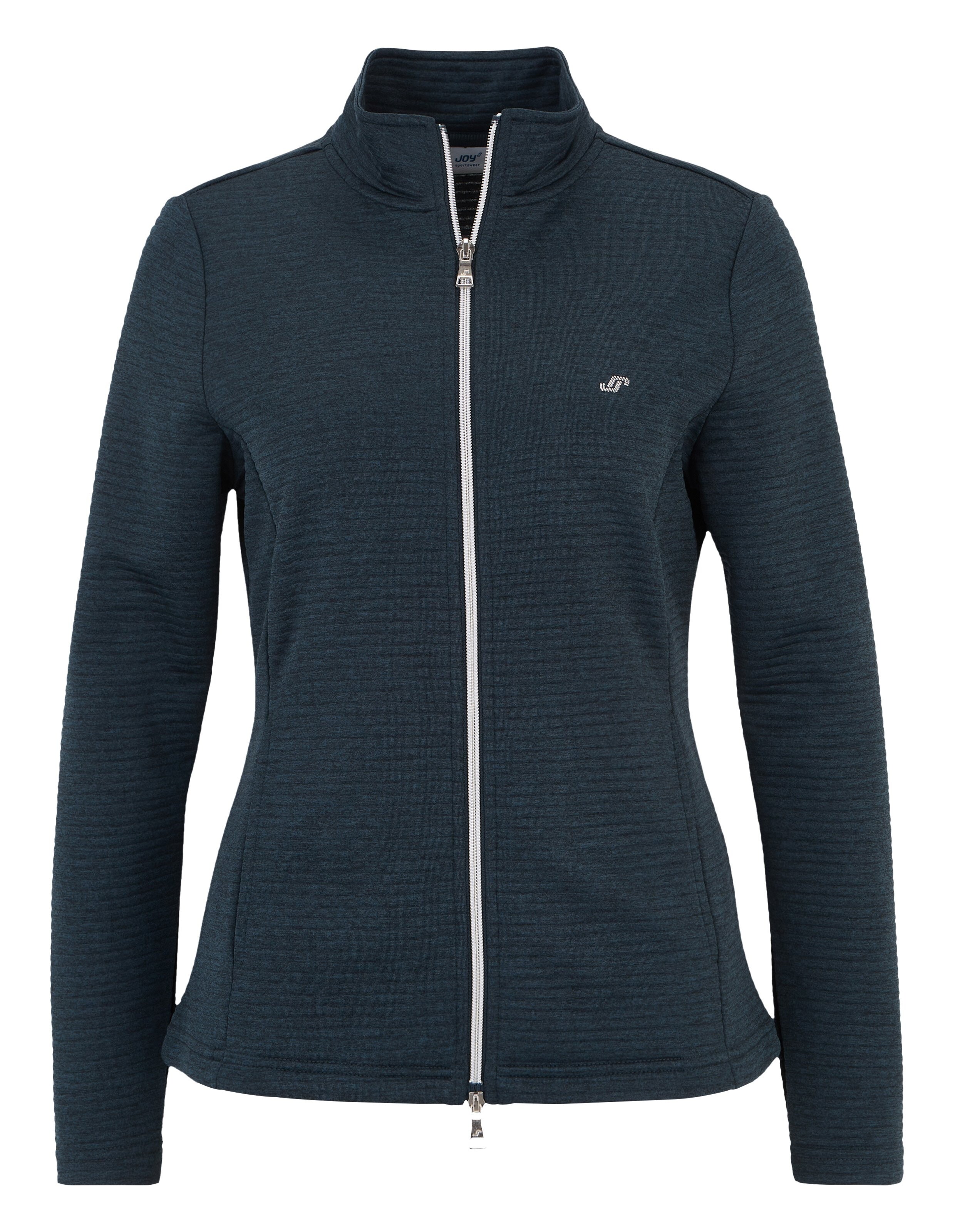 Dunkelblaue Damenjacke mit Stehkragen und weißem Reißverschluss, Logo auf der Brust und leicht texturierter Optik.