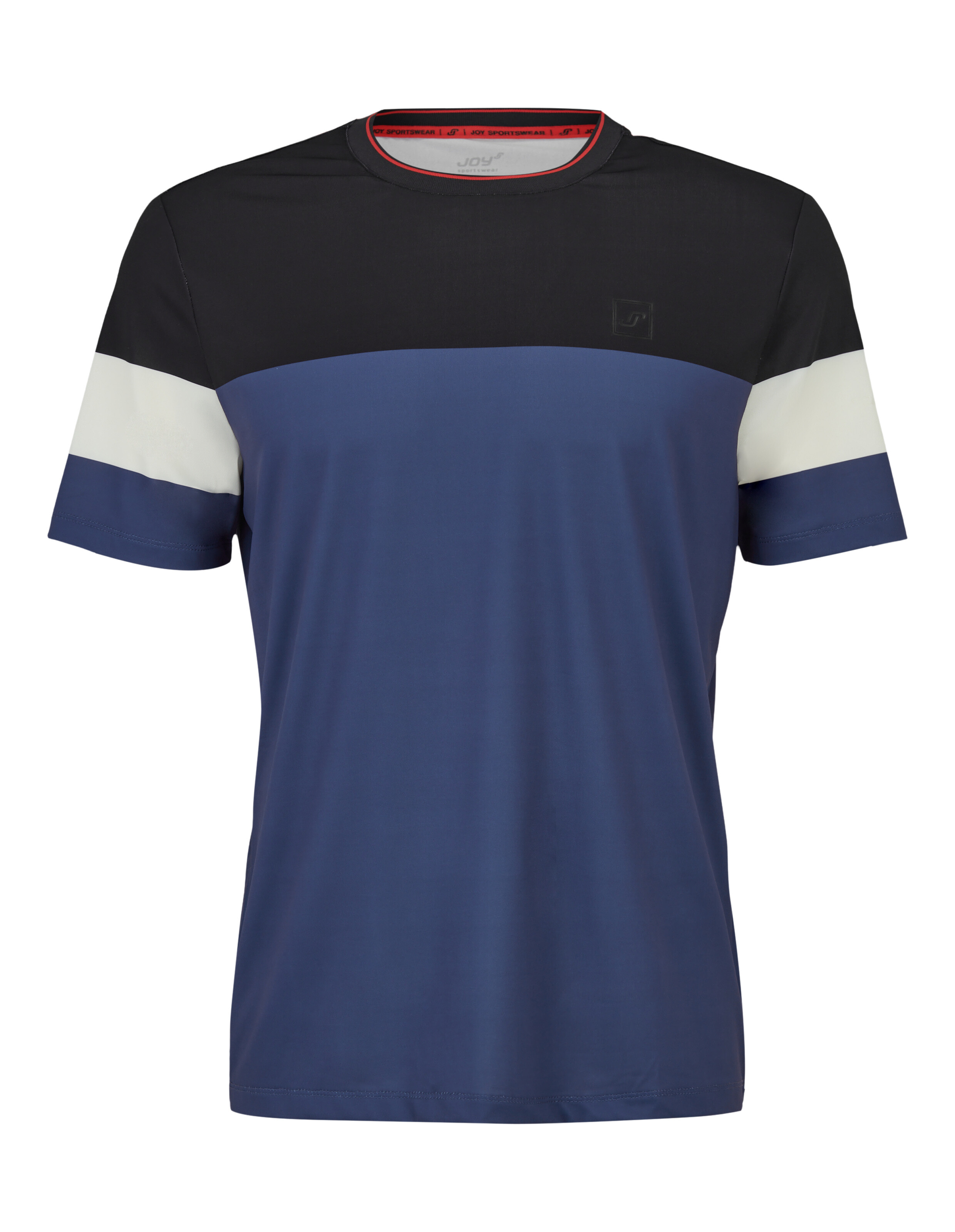 Lässiges Herren-T-Shirt im Farbblockdesign in Schwarz, Blau und Weiß für bequemes Tragen im Alltag.