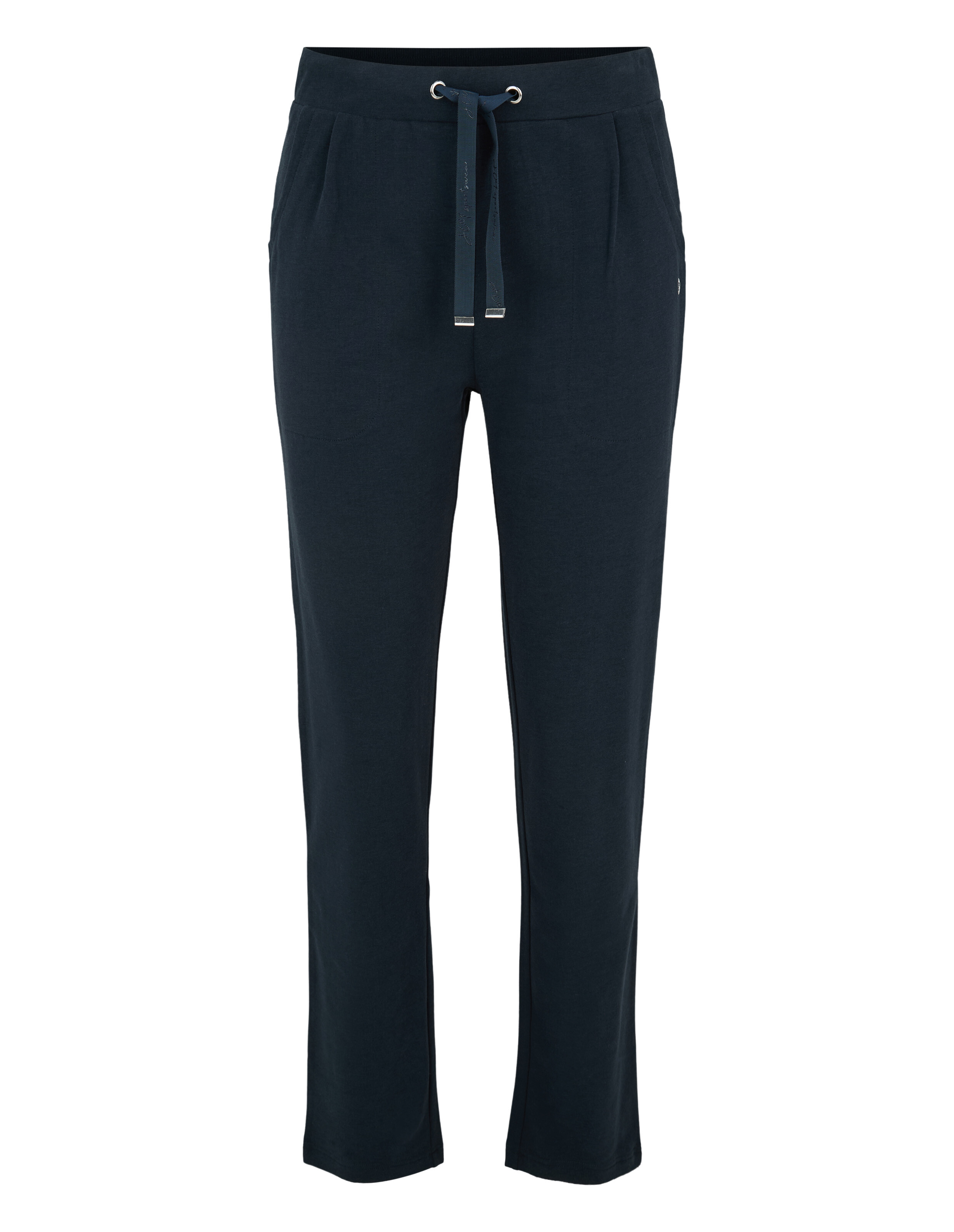 Marineblaue Freizeithose mit Kordelzug in der Taille und Seitentaschen.