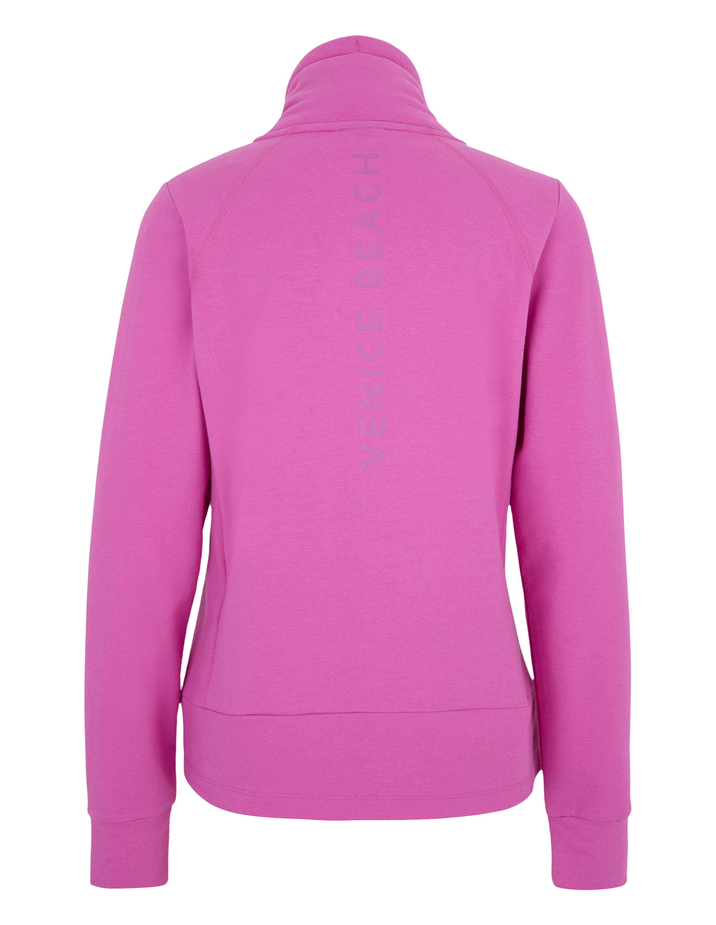 Rückansicht der rosafarbenen Venice Beach Sweatjacke Florence mit hohem Kragen.