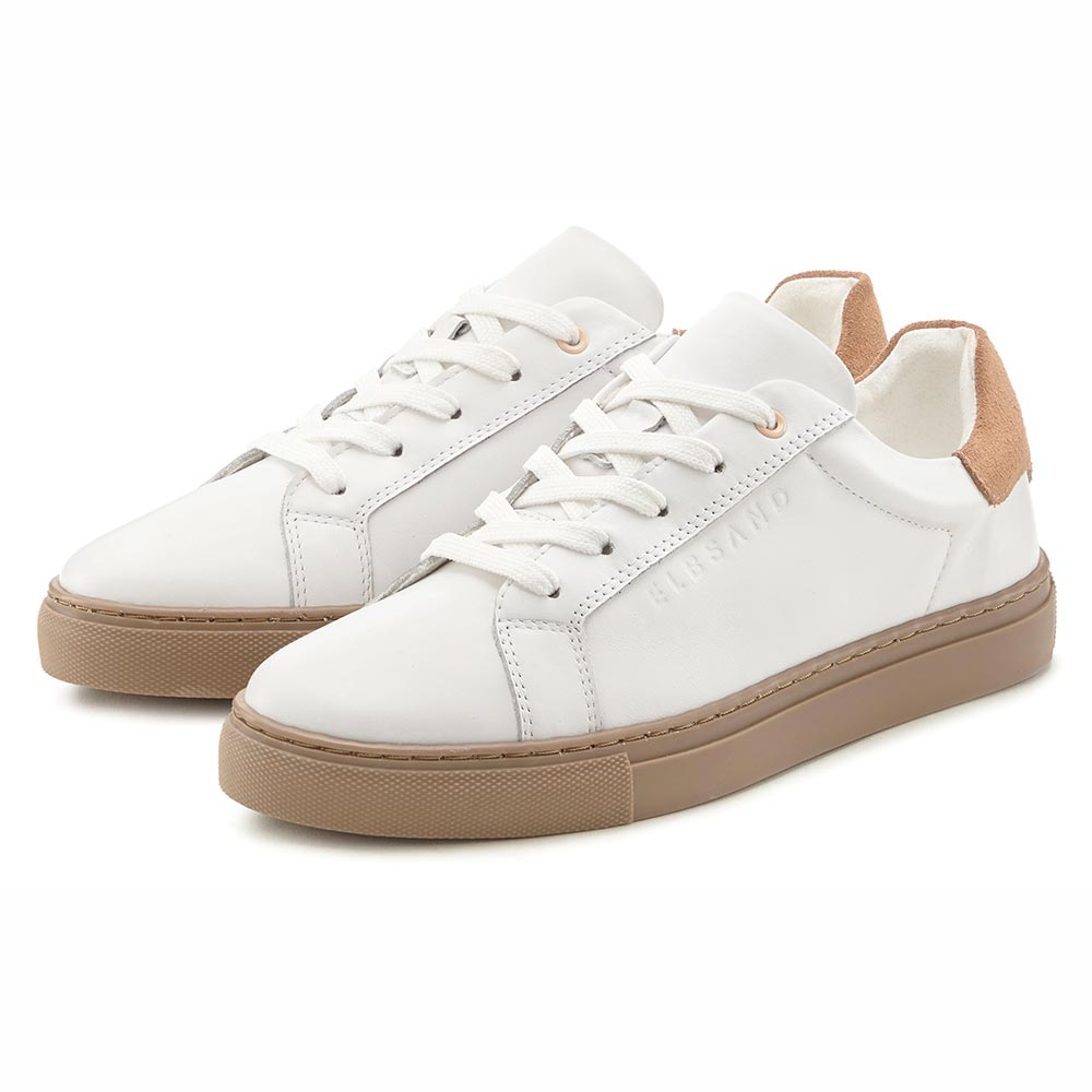 Weiße, lässige Sneaker mit hellbraunen Akzenten, perfekt für den stilvollen Alltag.
