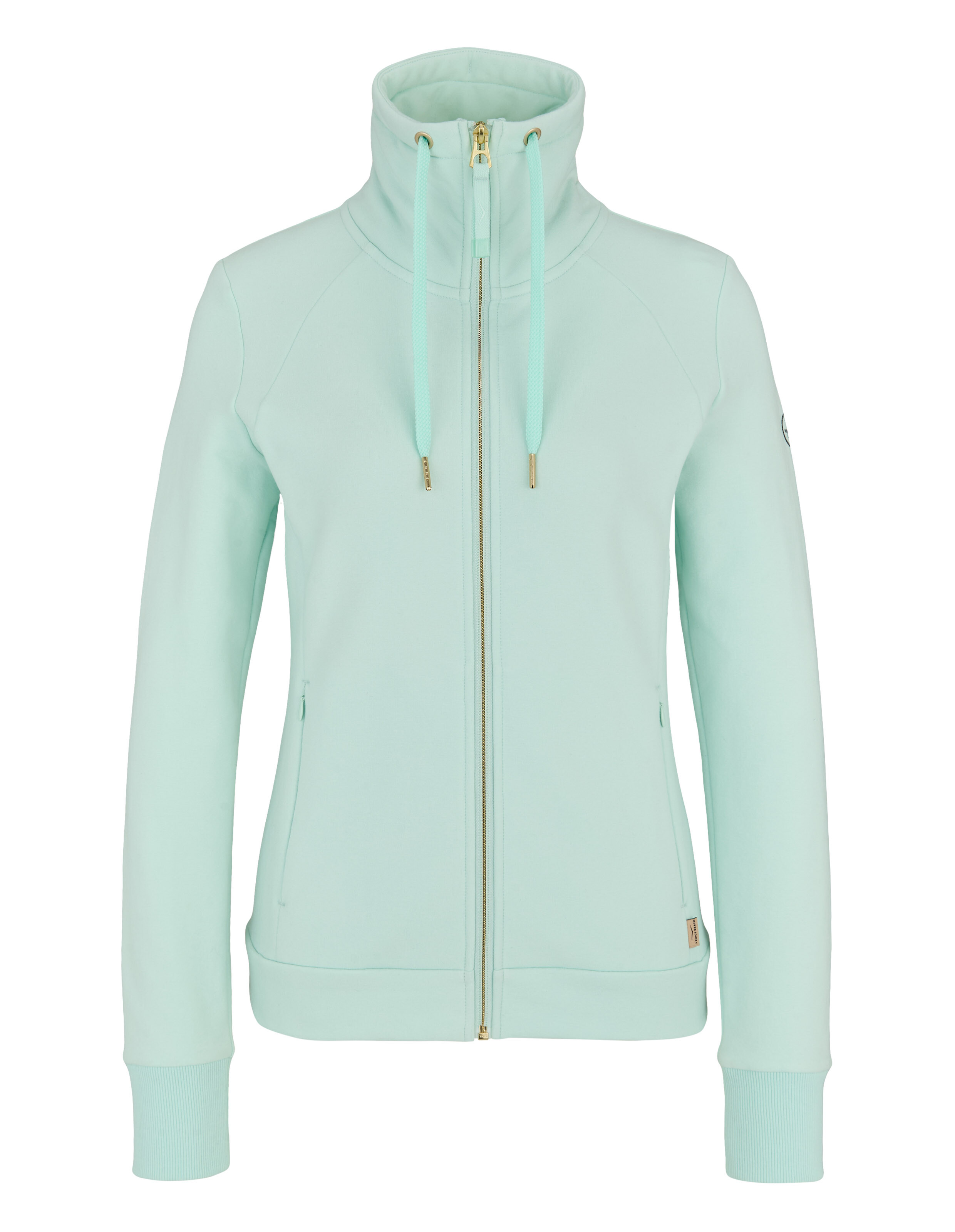 Mintgrüne Jacke mit Reißverschluss, hohem Kragen und Seitentaschen für Freizeitkleidung.