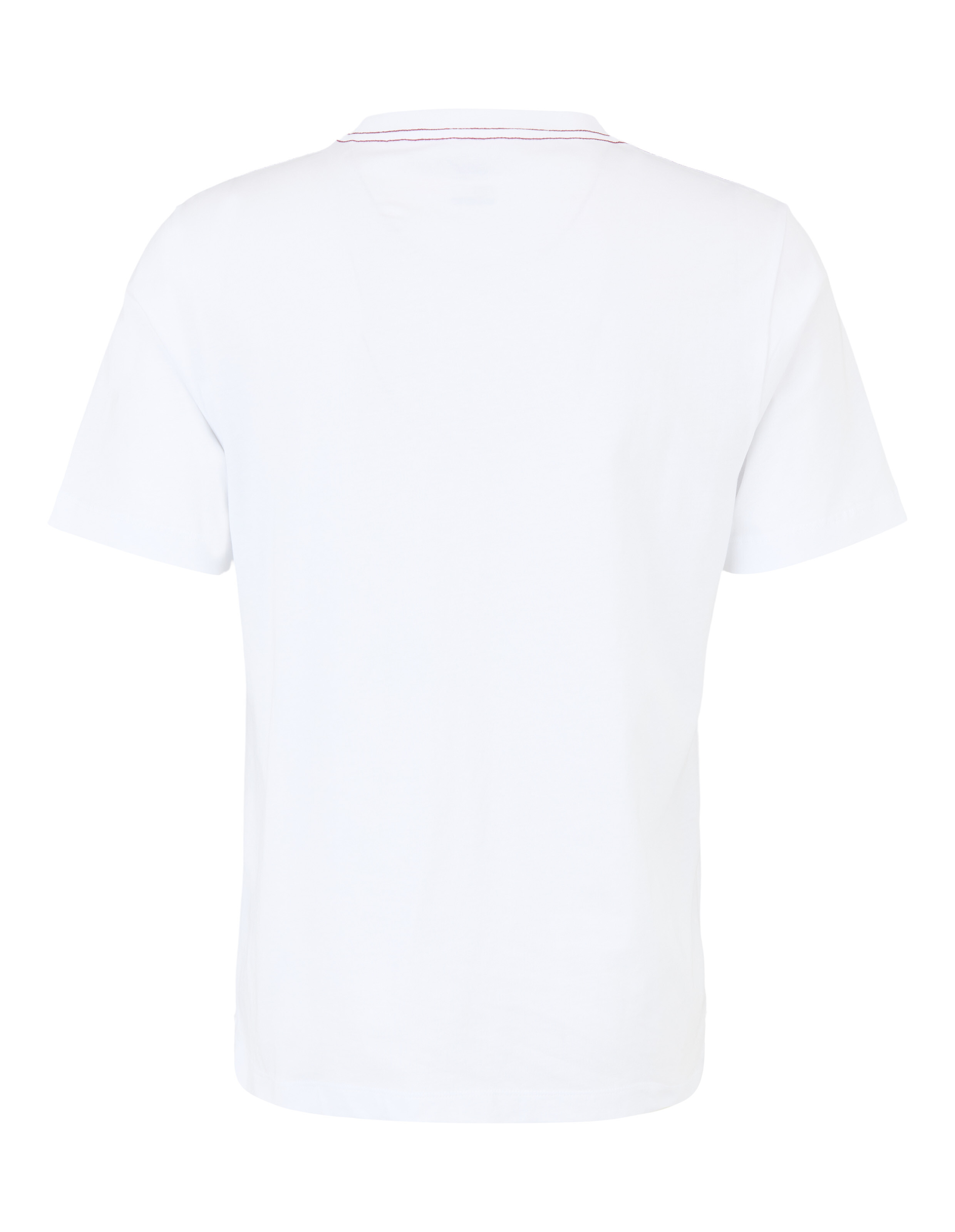Rückansicht eines weißen Kurzarm-Poloshirts mit dezentem Kragendetail.