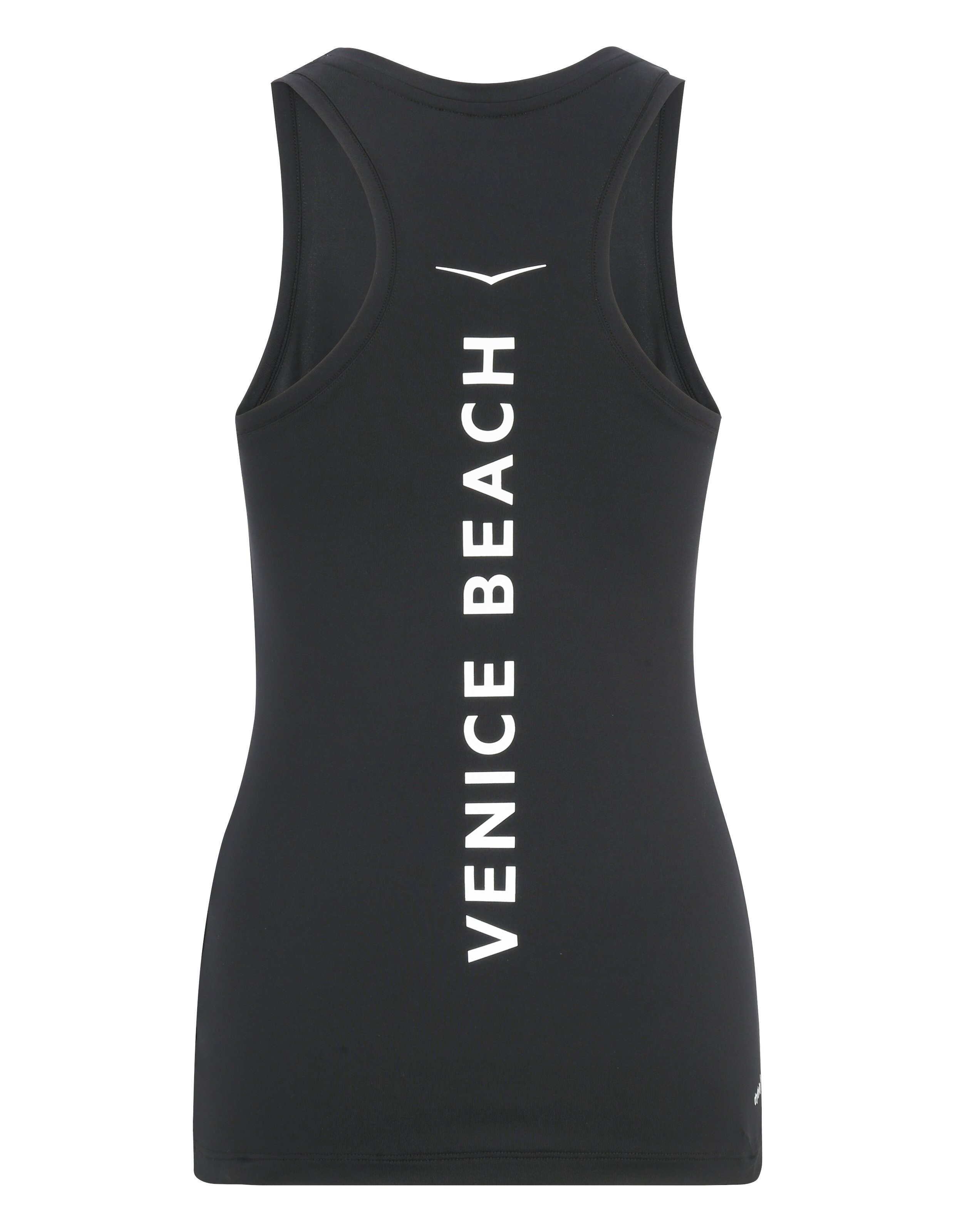 Schwarzes Racerback-Tanktop mit vertikalem weißem Venice Beach-Logodruck.