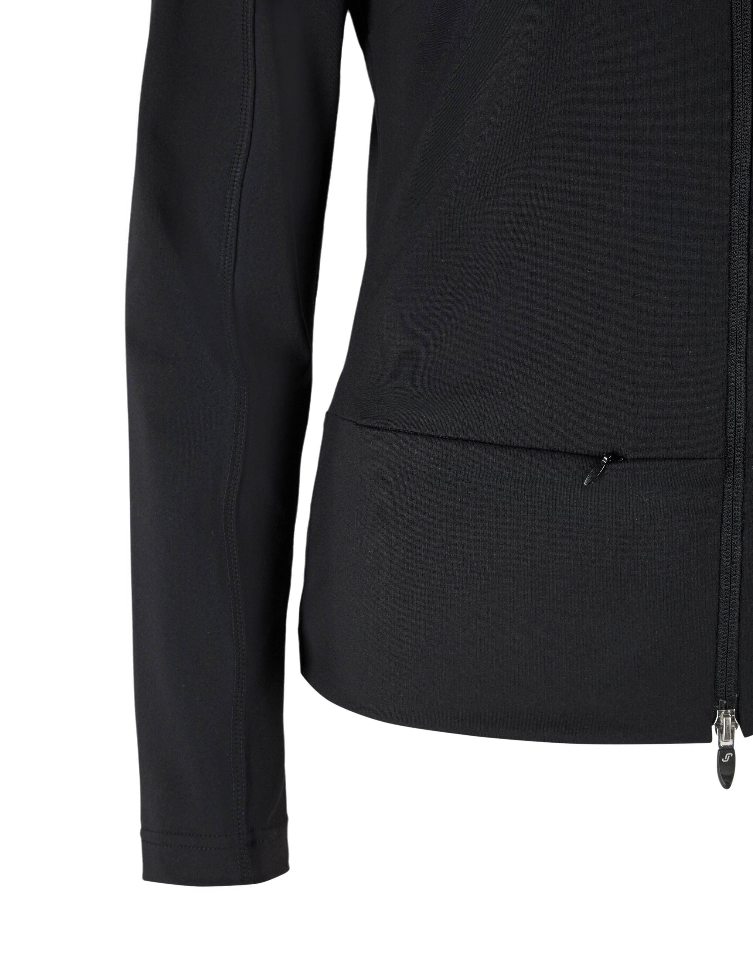 Schwarze Jacke mit durchgehendem Reißverschluss, Stehkragen und langen Ärmeln, schlichtes Design ohne sichtbare Verzierungen.