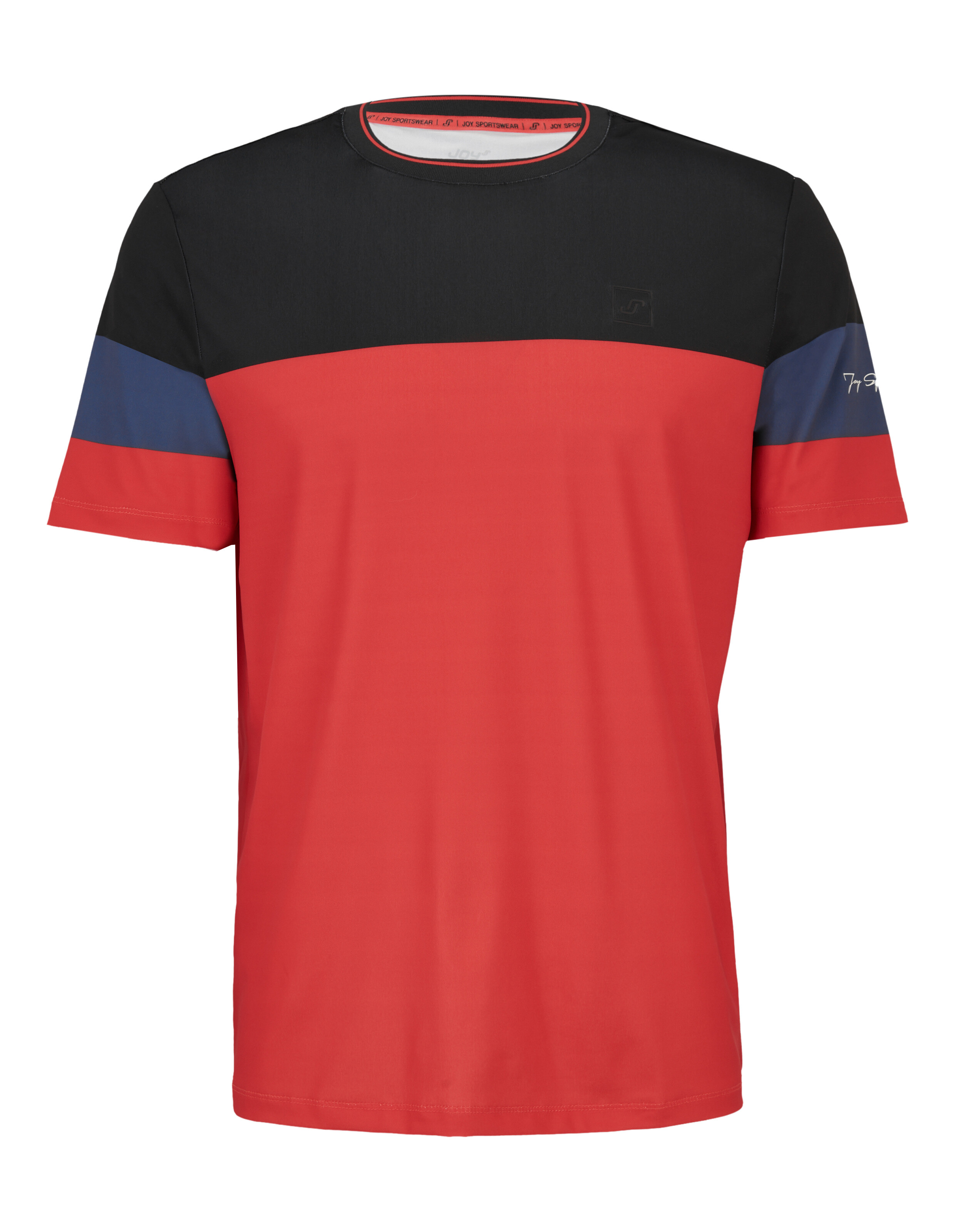 Farbblock-T-Shirt für Herren in Rot, Schwarz und Blau für Freizeitkleidung.