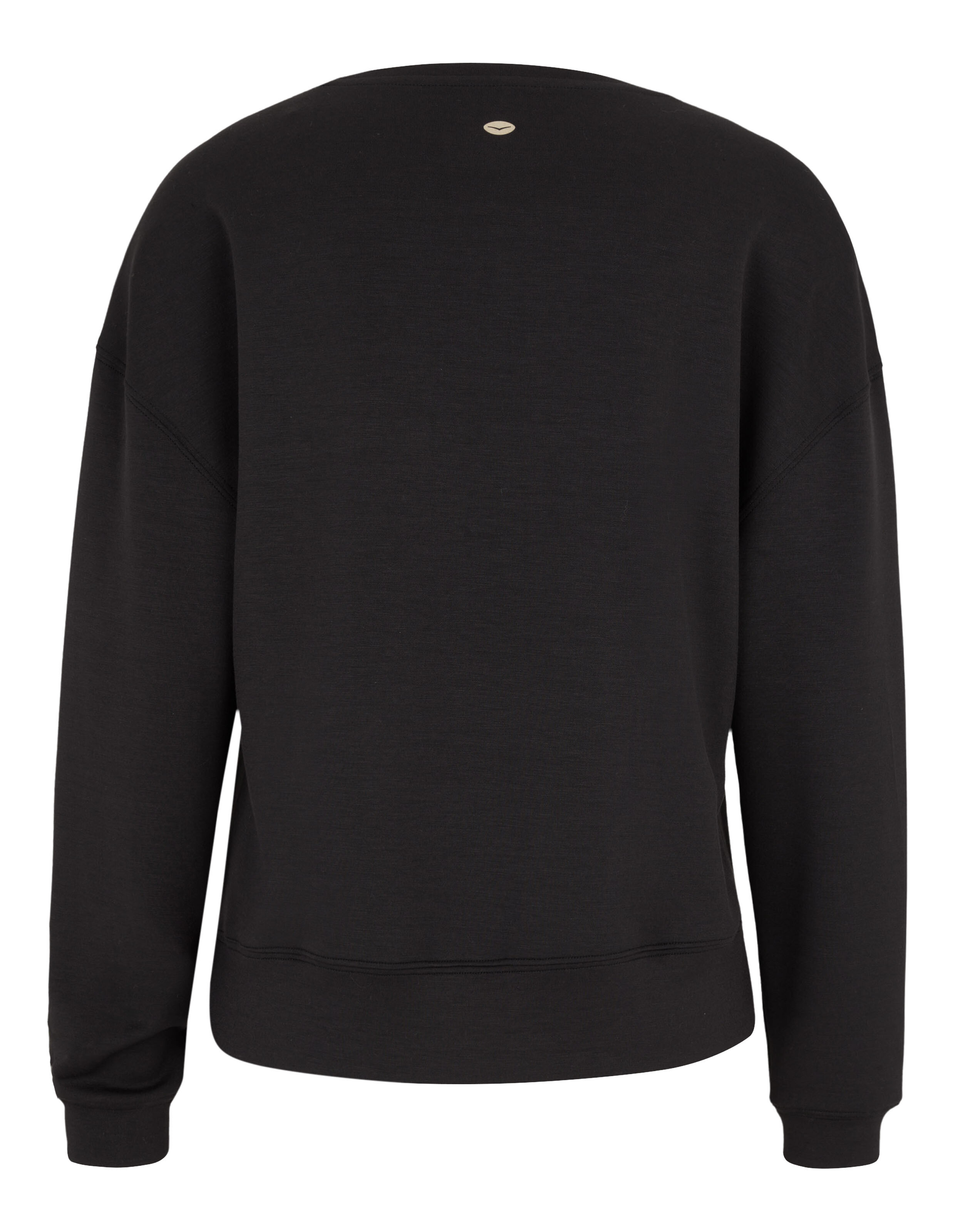 Rückansicht eines schwarzen ELBSAND Freizeit-Sweatshirts mit langen Ärmeln und Rippbündchen.