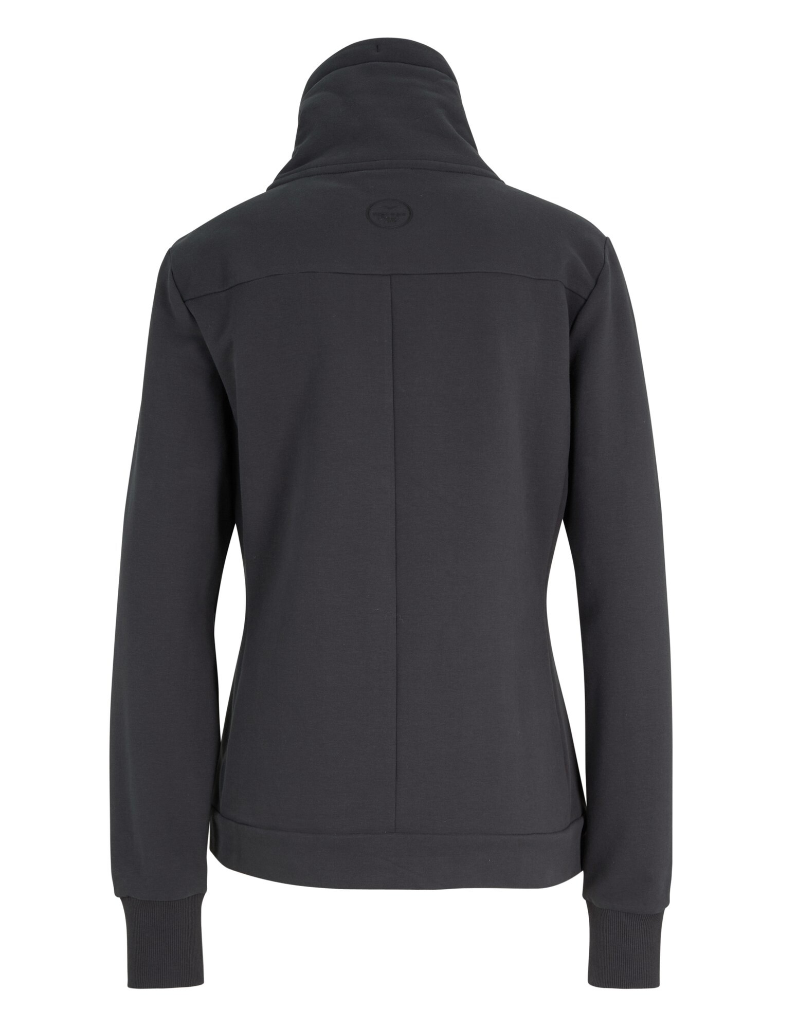Rückansicht eines kuscheligen schwarzen Sweatshirts mit hohem Kragen und gerippten Bündchen.