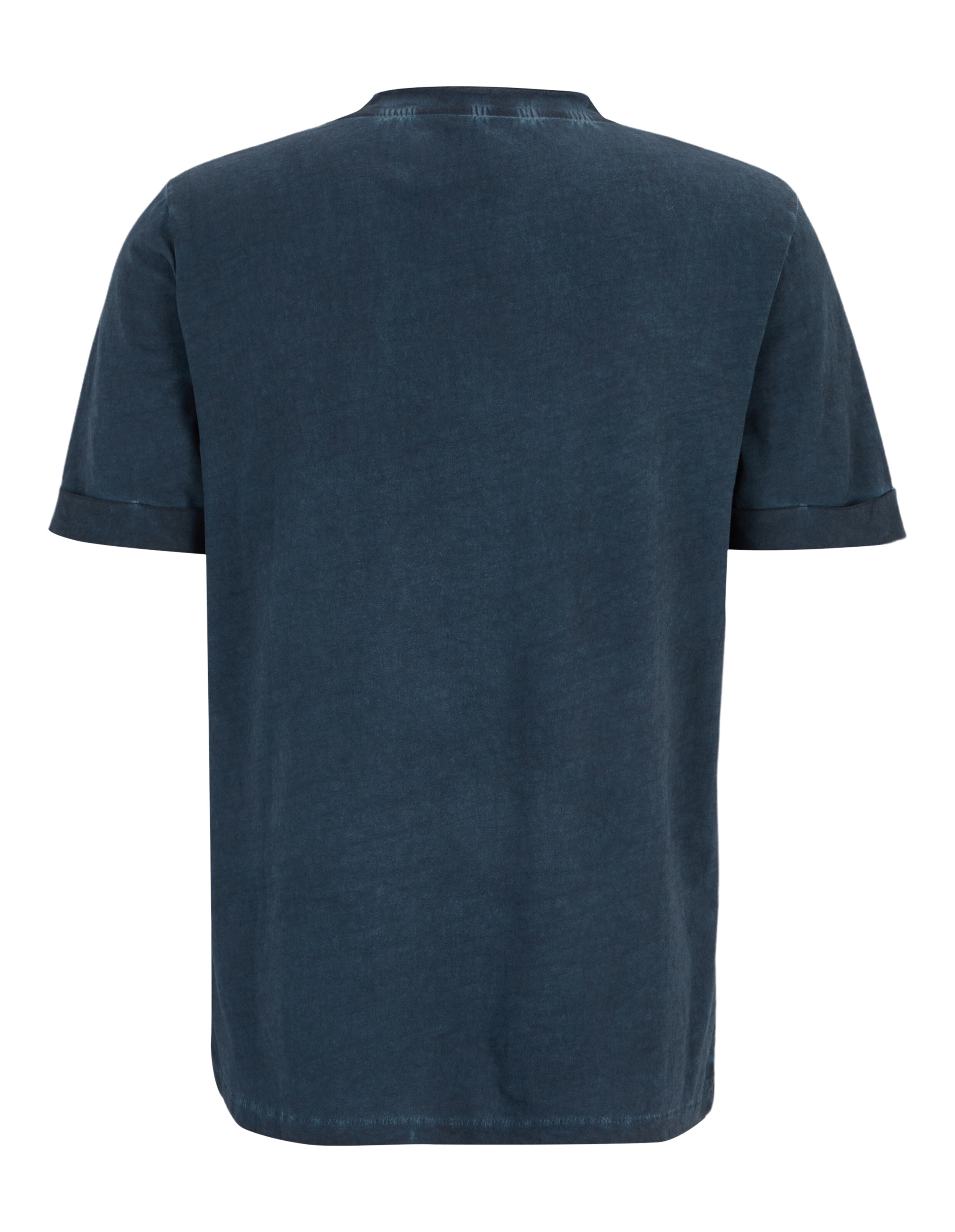 Rückansicht eines dunkelblauen Freizeit-T-Shirts mit hochgekrempelten Ärmeln für bequeme Loungewear.