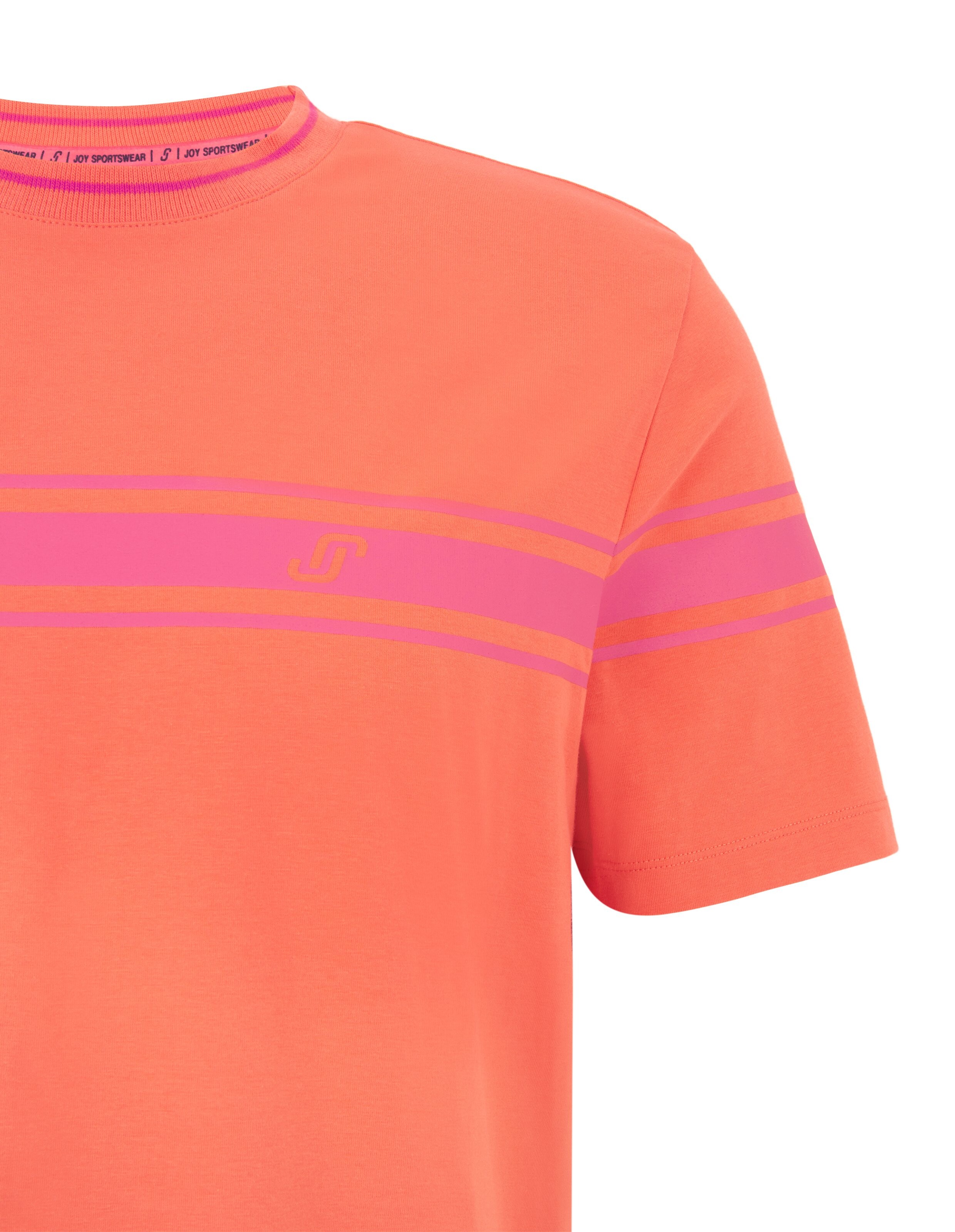 Leuchtendes Korallen-T-Shirt mit rosa Streifen und klassischem Rundhalsausschnitt, perfekt für Freizeitausflüge oder zum Faulenzen.