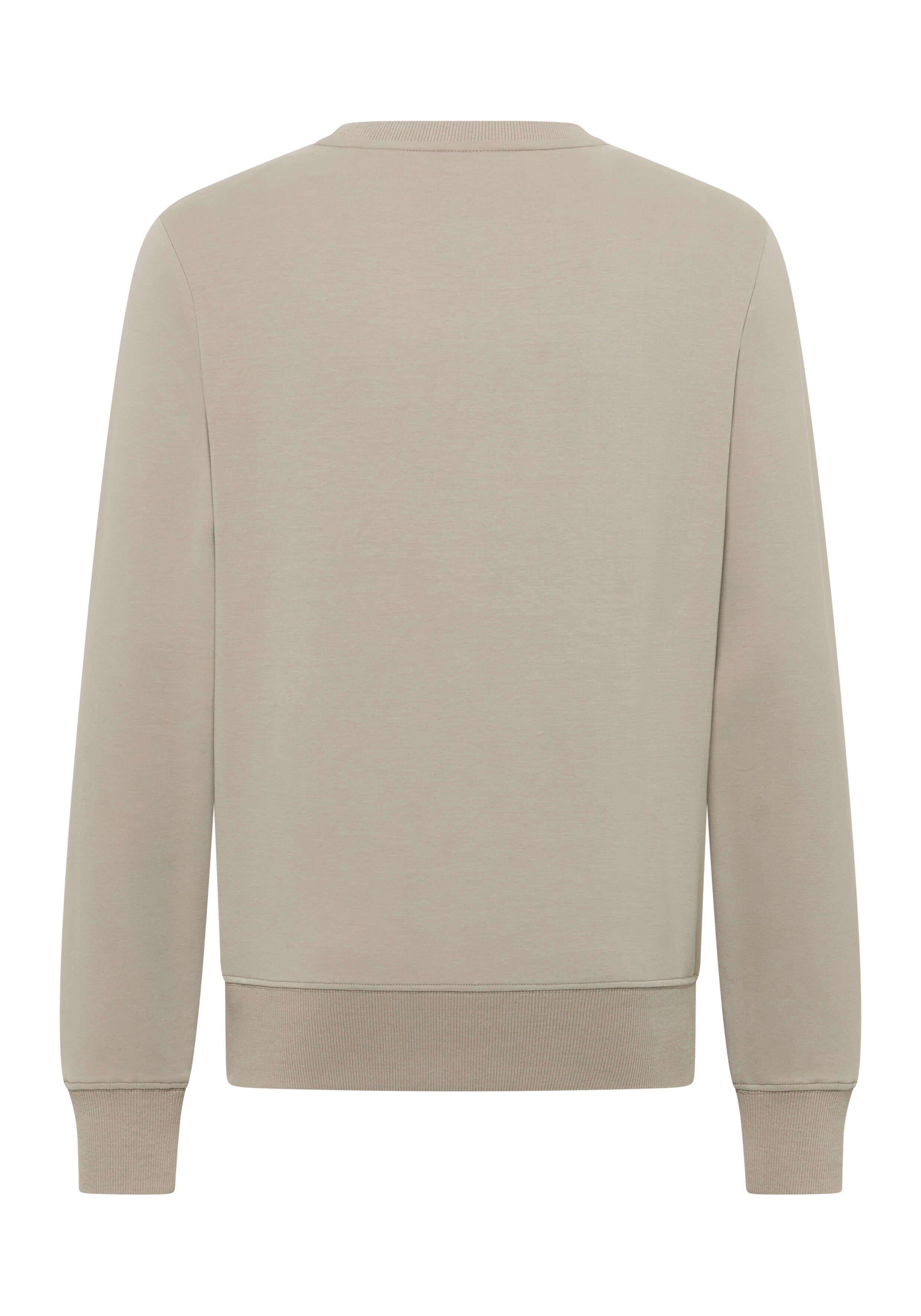 Rückansicht eines beigefarbenen, lässigen Sweatshirts mit gerippten Bündchen und Saum.