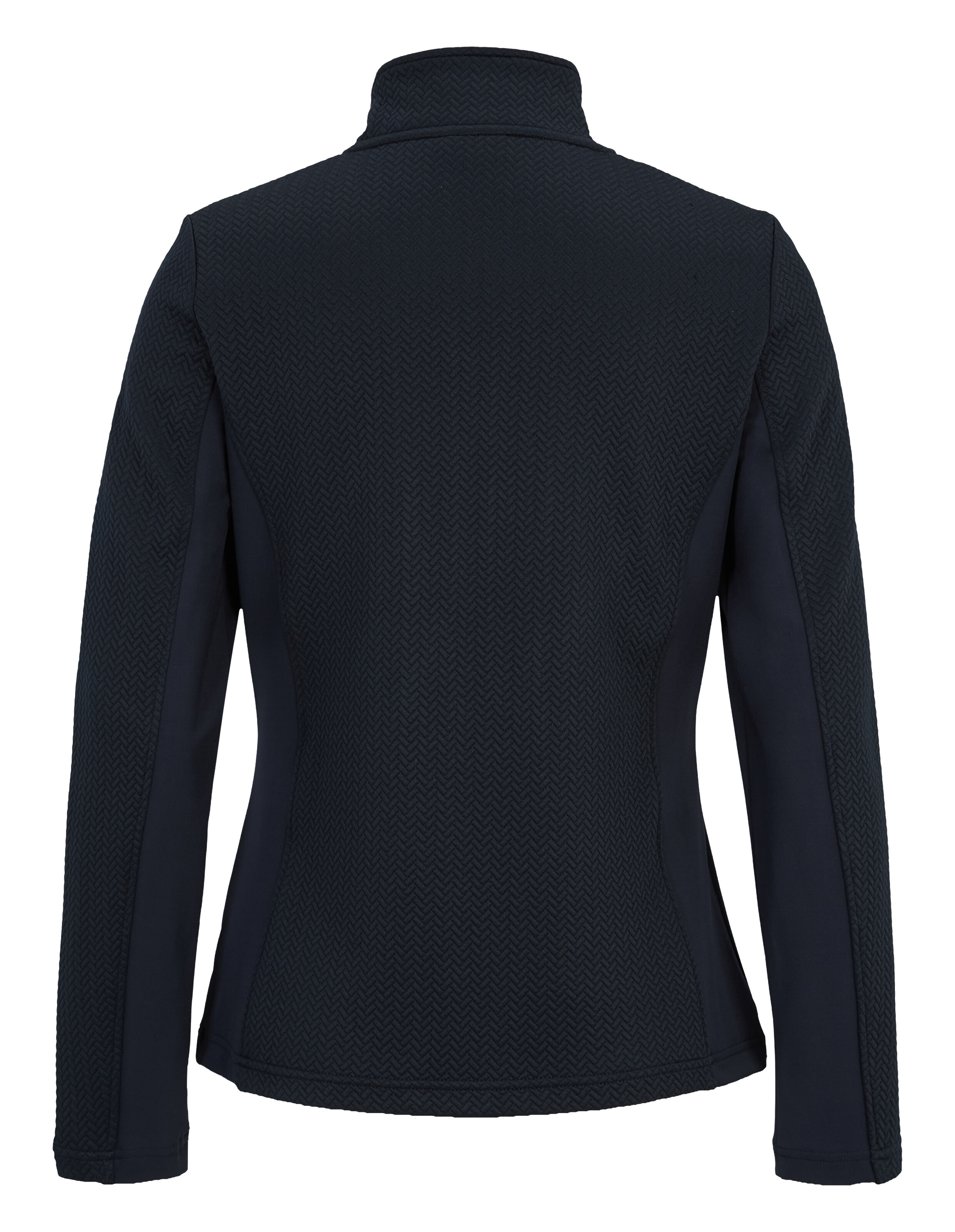 Rückansicht einer marineblauen, strukturierten Jacke mit Reißverschluss für gemütliche Freizeitkleidung.