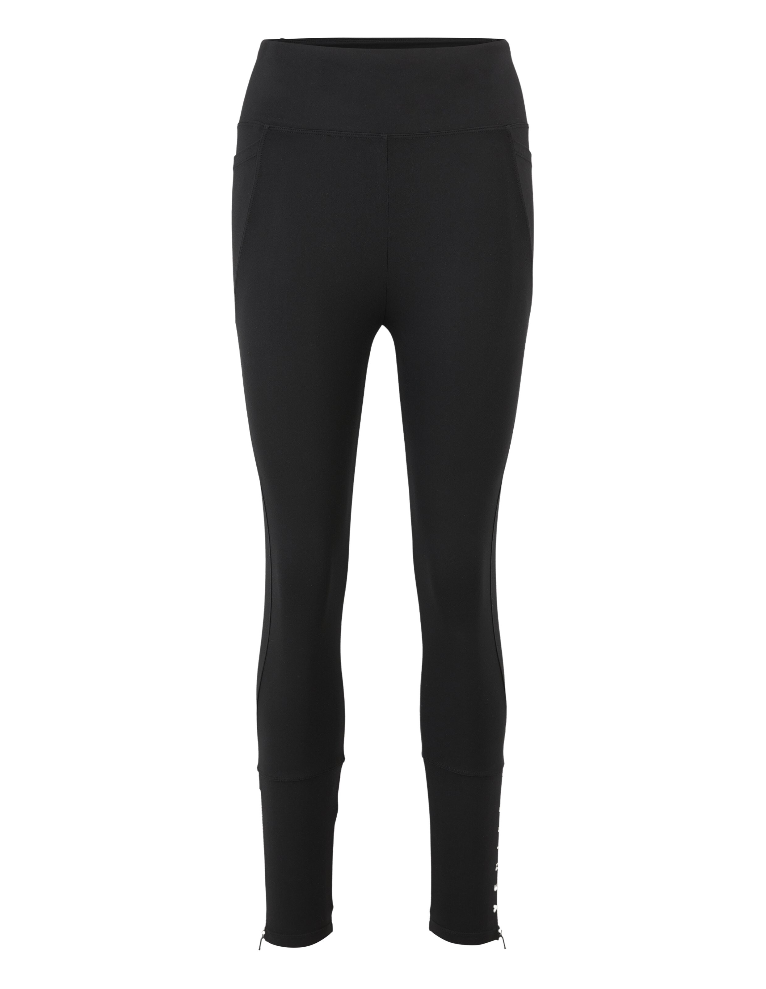 Schwarze Leggings mit hohem Bund, Seitentaschen und Reißverschlussdetails für Freizeitkleidung.