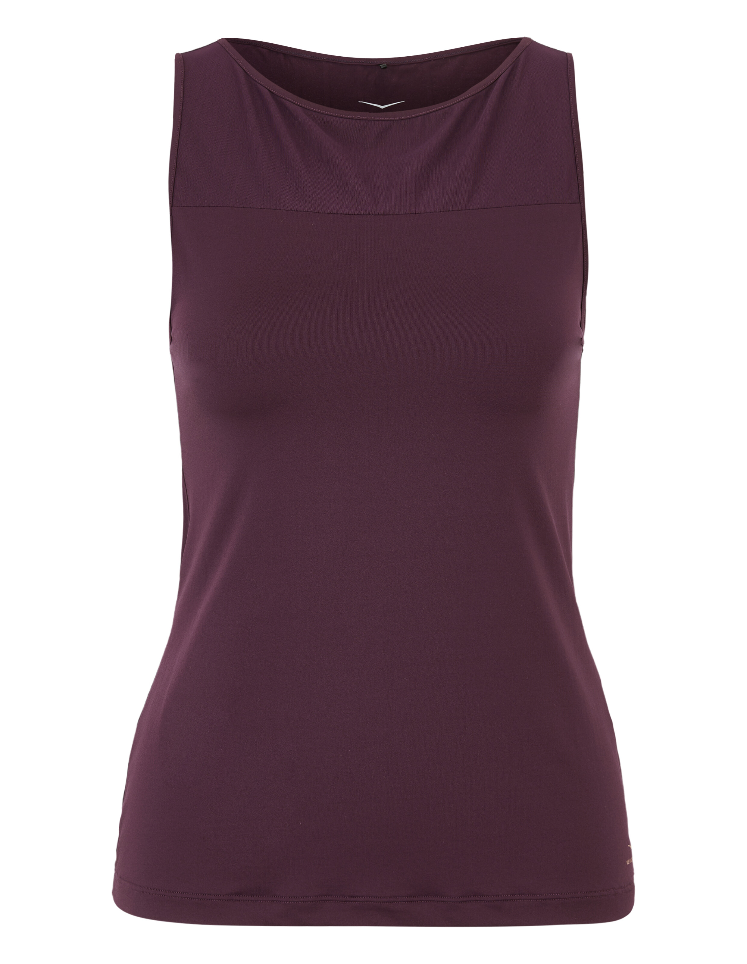 Dunkelviolettes, ärmelloses Tanktop für Freizeitkleidung mit hohem Ausschnitt und bequemer Passform.