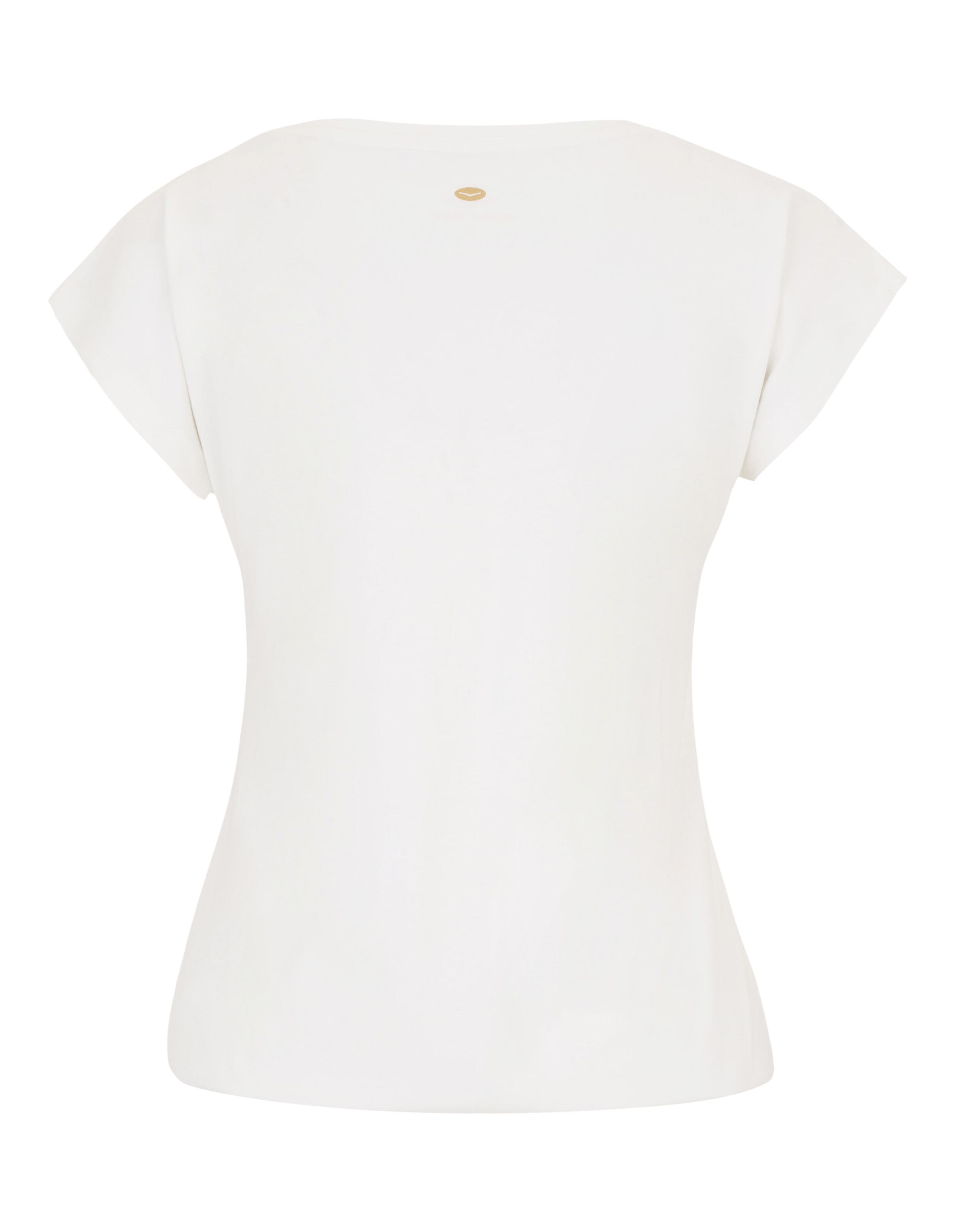 Rückansicht eines weißen, lässigen ELBSAND-T-Shirts mit kurzen Ärmeln und einem kleinen goldenen Logo-Detail.