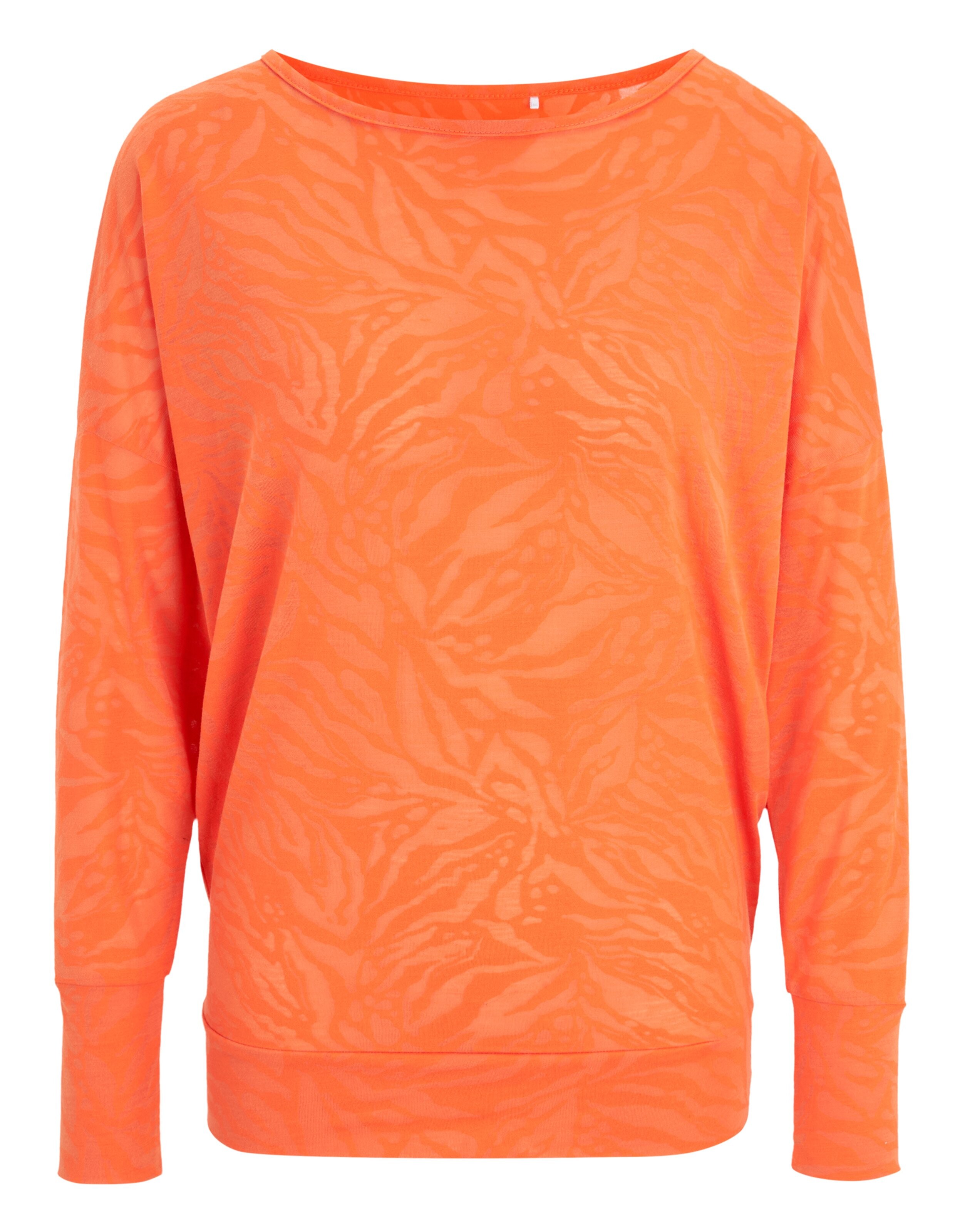 Orangefarbener, langärmliger Freizeitpullover mit dezentem, farblich abgestimmtem Zebramuster.