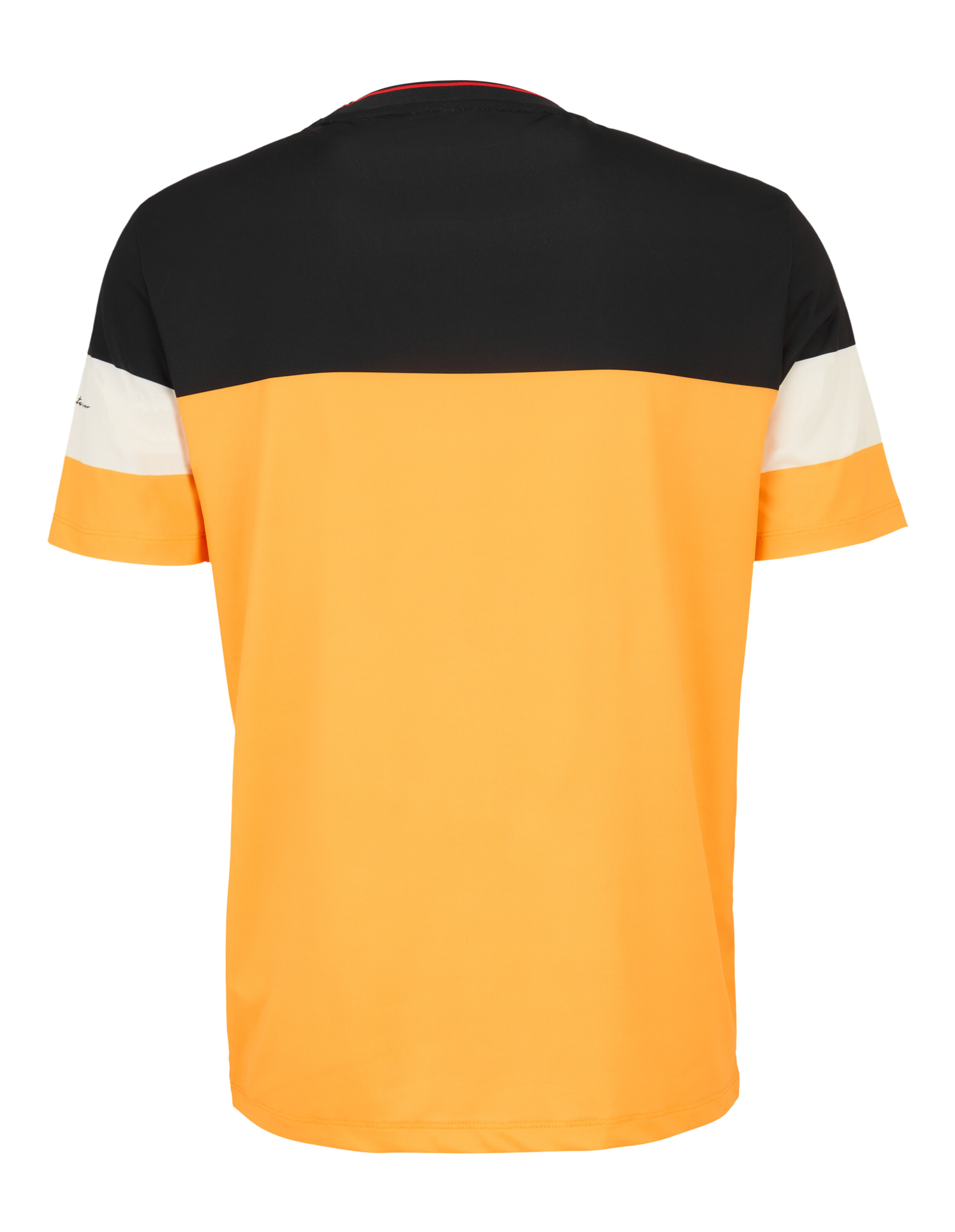 Rückansicht eines lässigen Farbblock-T-Shirts in Orange, Schwarz und Weiß.