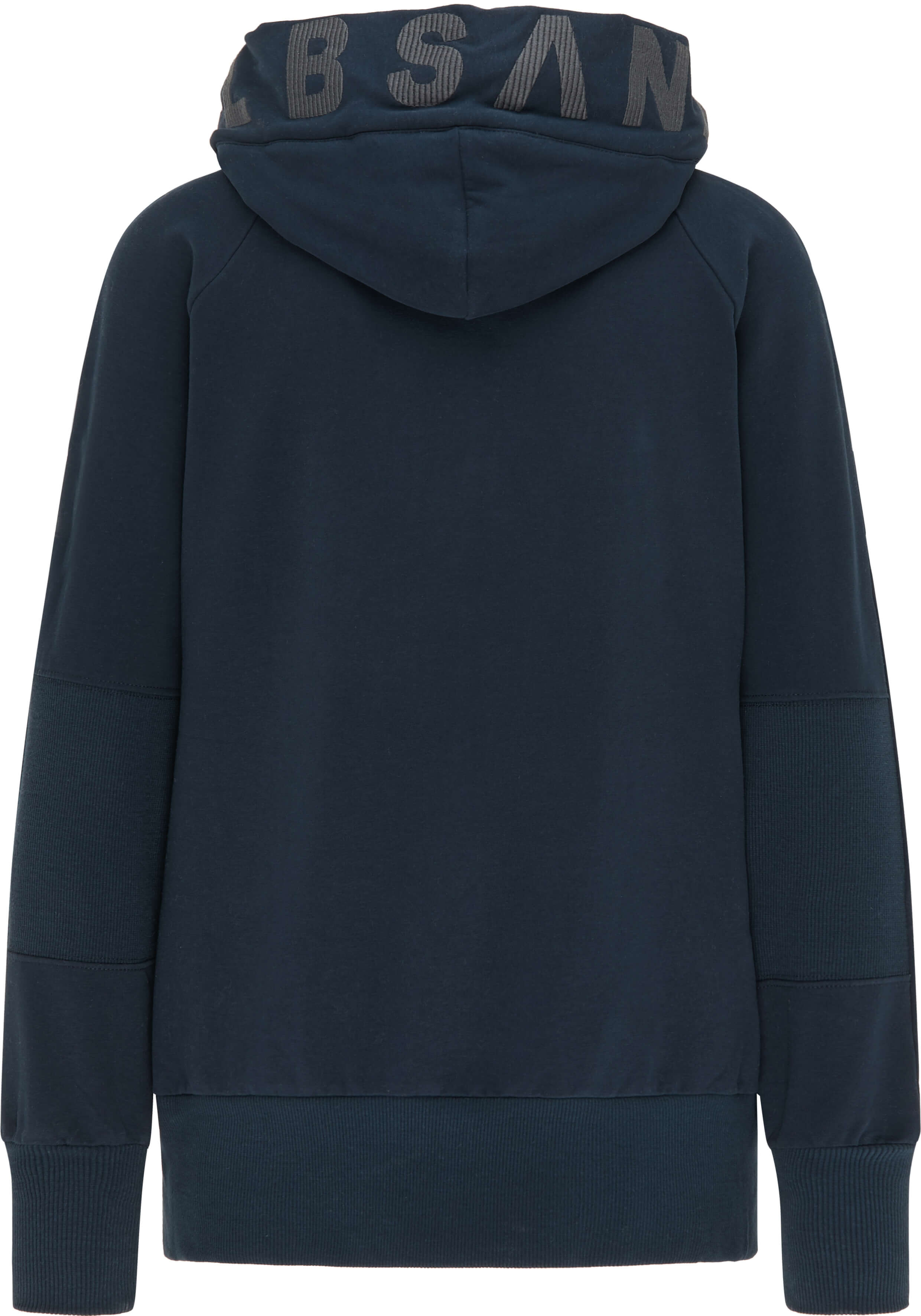 Rückansicht eines marineblauen ELBSAND-Hoodies mit Logo-Schriftzug auf der Kapuze.