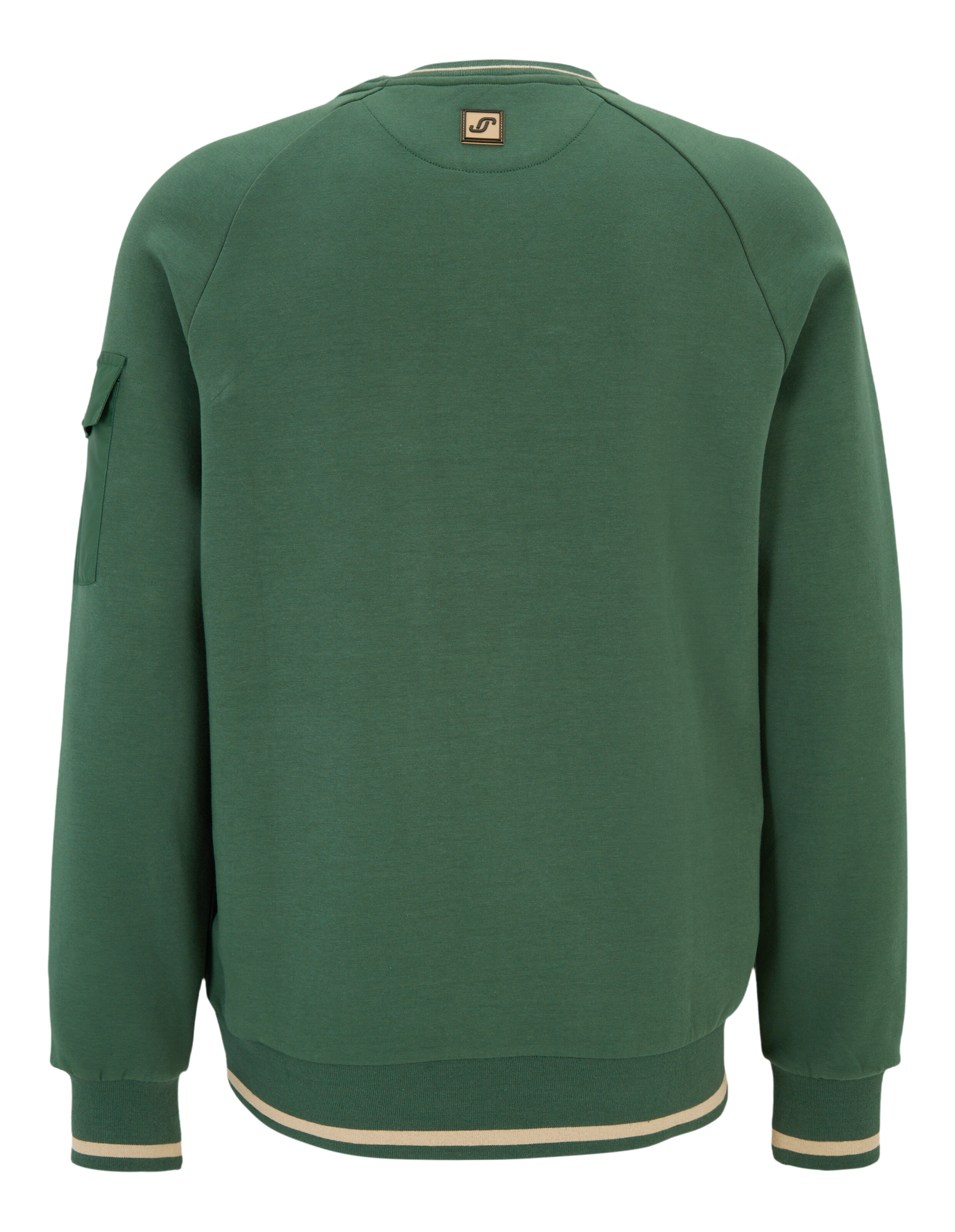 Rückansicht eines grünen ELBSAND-Sweatshirts mit kleiner Tasche und gestreiftem Rippbündchen.