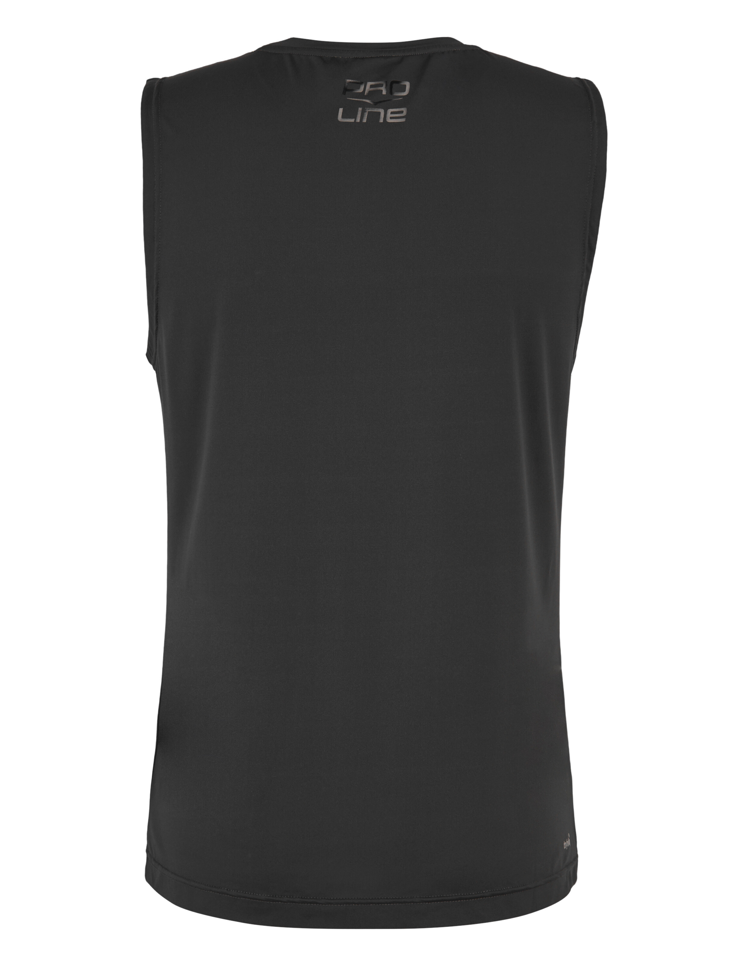 Rückansicht eines schwarzen ärmellosen Sport-Tanktops mit Pro Line-Branding.