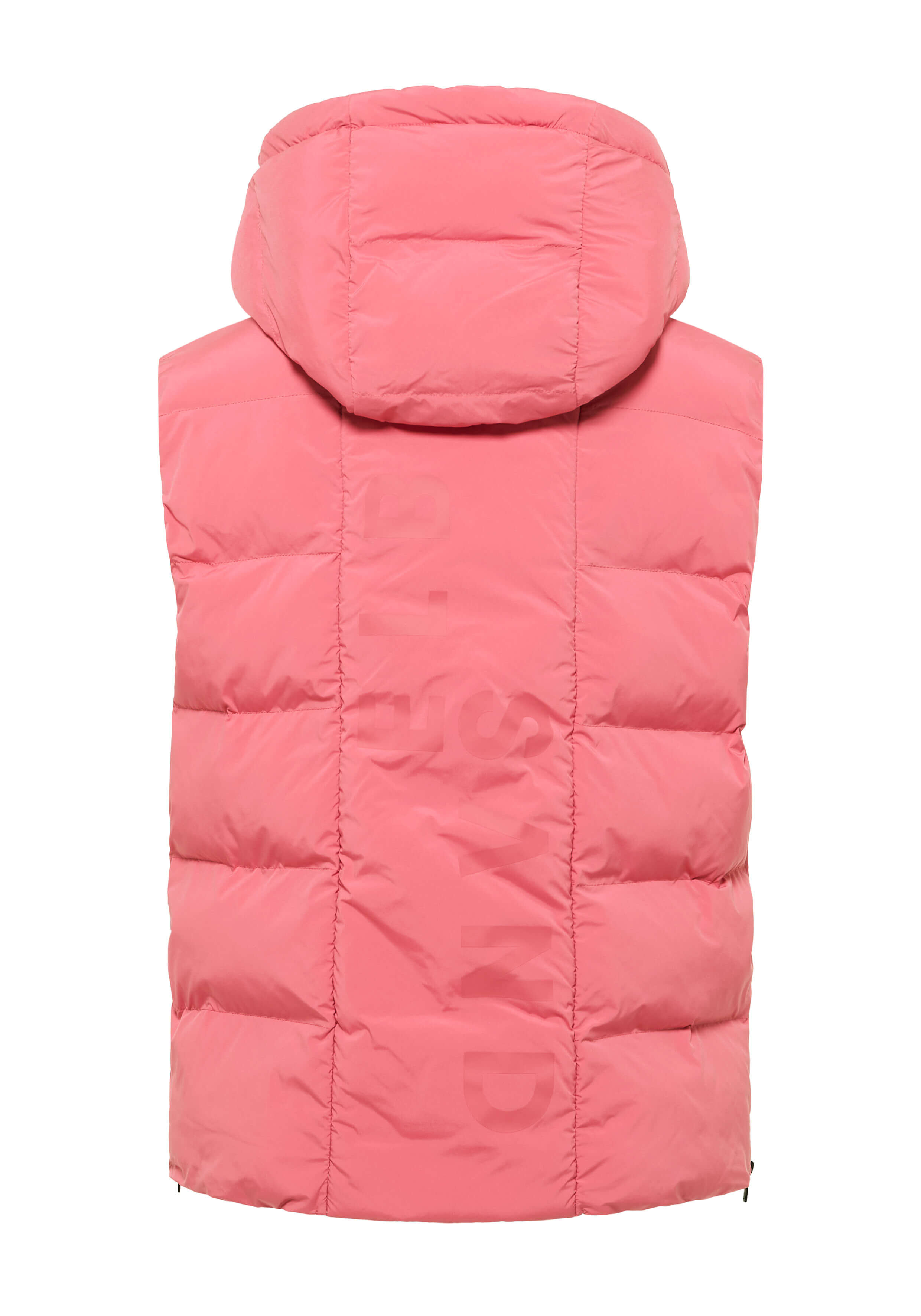 Rückansicht einer rosa Steppweste mit Kapuze und dezentem Logo-Branding.