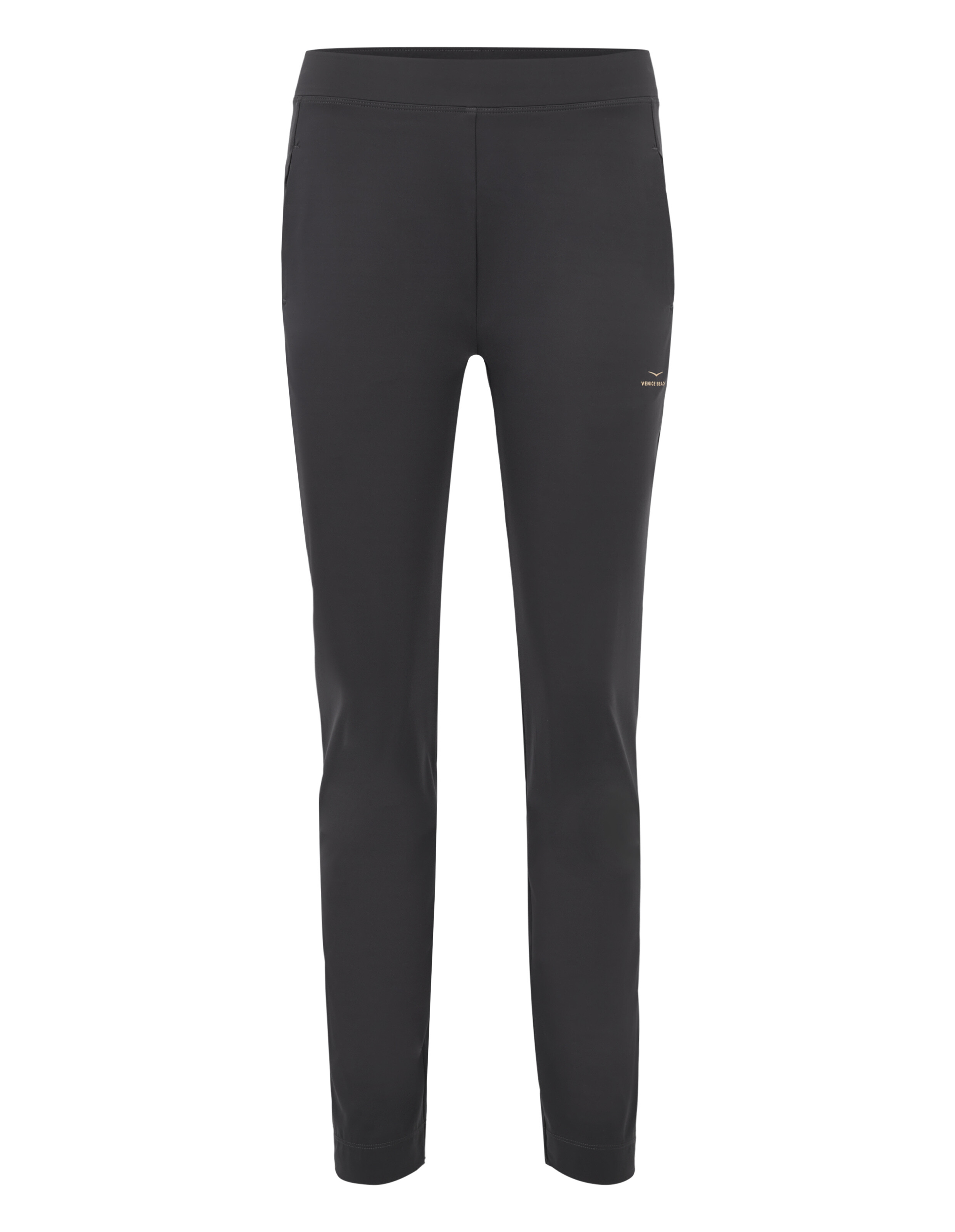 Schwarze, lässige Lounge-Hose mit schmaler Passform und kleinem Logo-Detail für bequemes Tragen im Alltag.