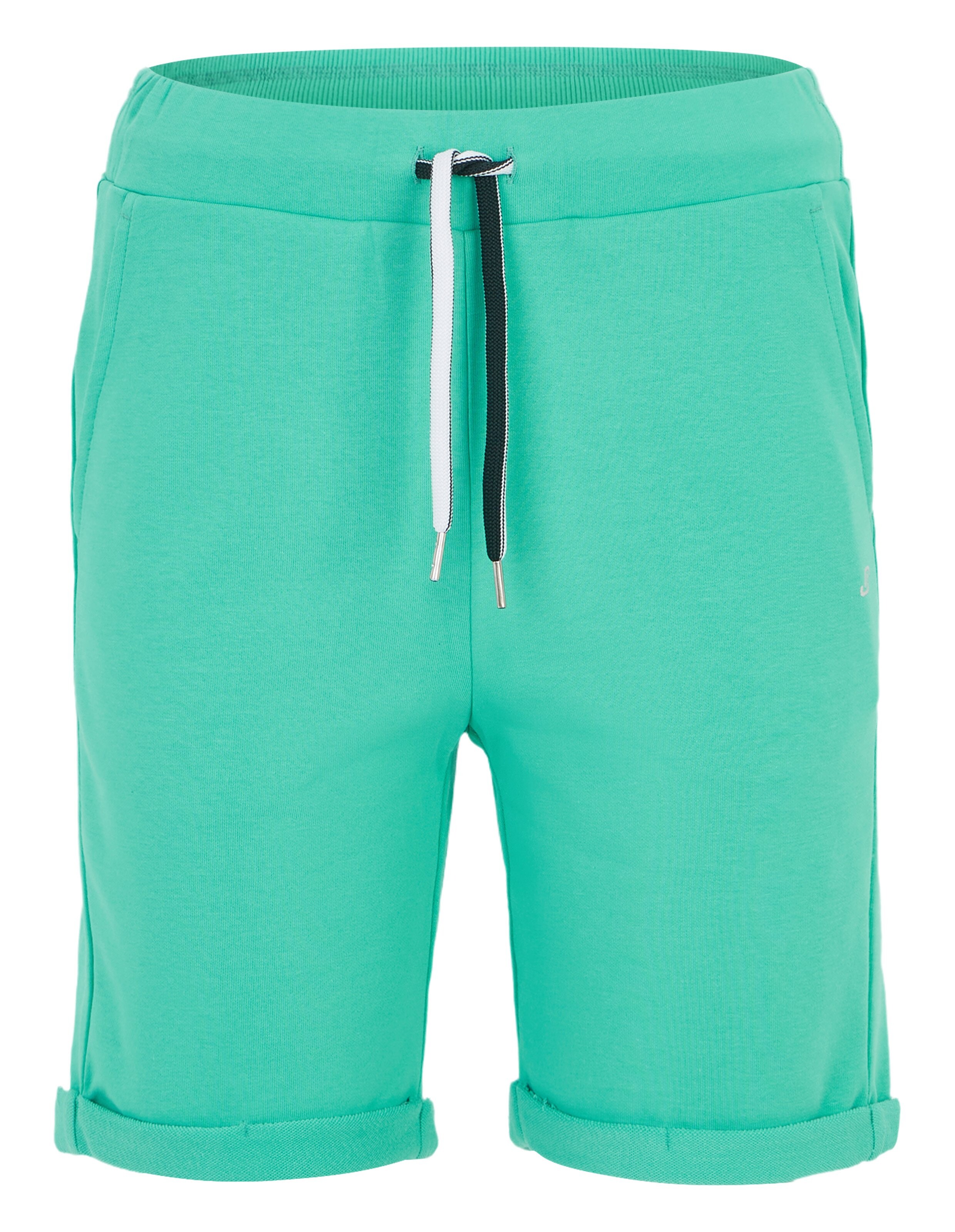 Türkise Shorts mit Kordelzug in Weiß und Schwarz, zwei Seitentaschen und umgeschlagenem Saum für einen sportlichen Look.