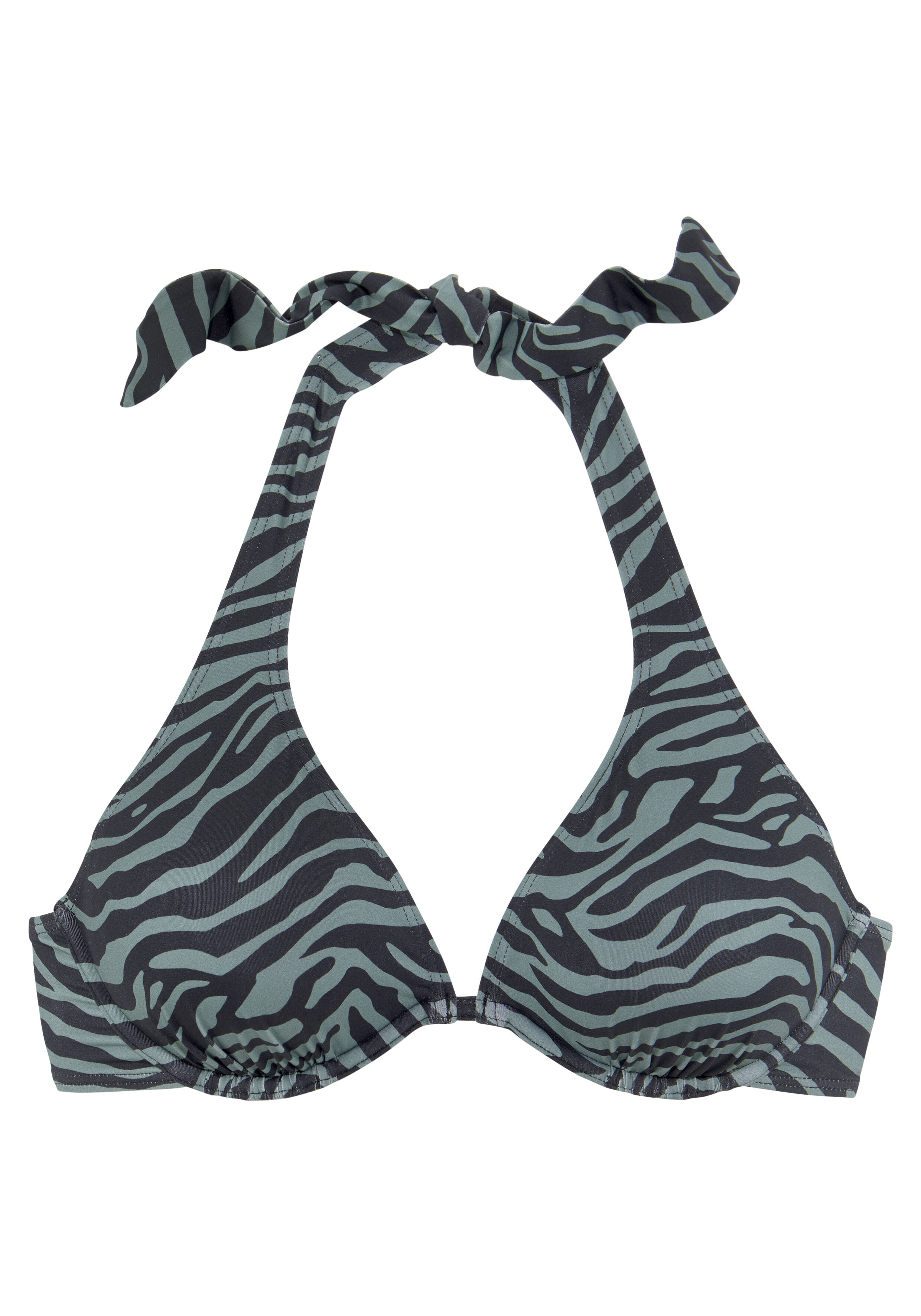 Bikinioberteil mit Zebramuster in Dunkelgrün und Schwarz, perfekt für den Strand.