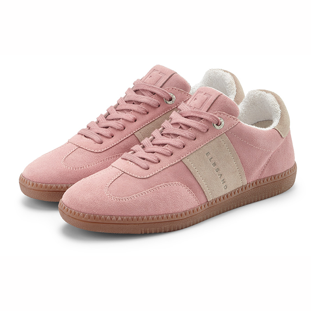 Freizeitsneaker aus rosafarbenem Wildleder mit beigen Akzenten und weichem Futter.