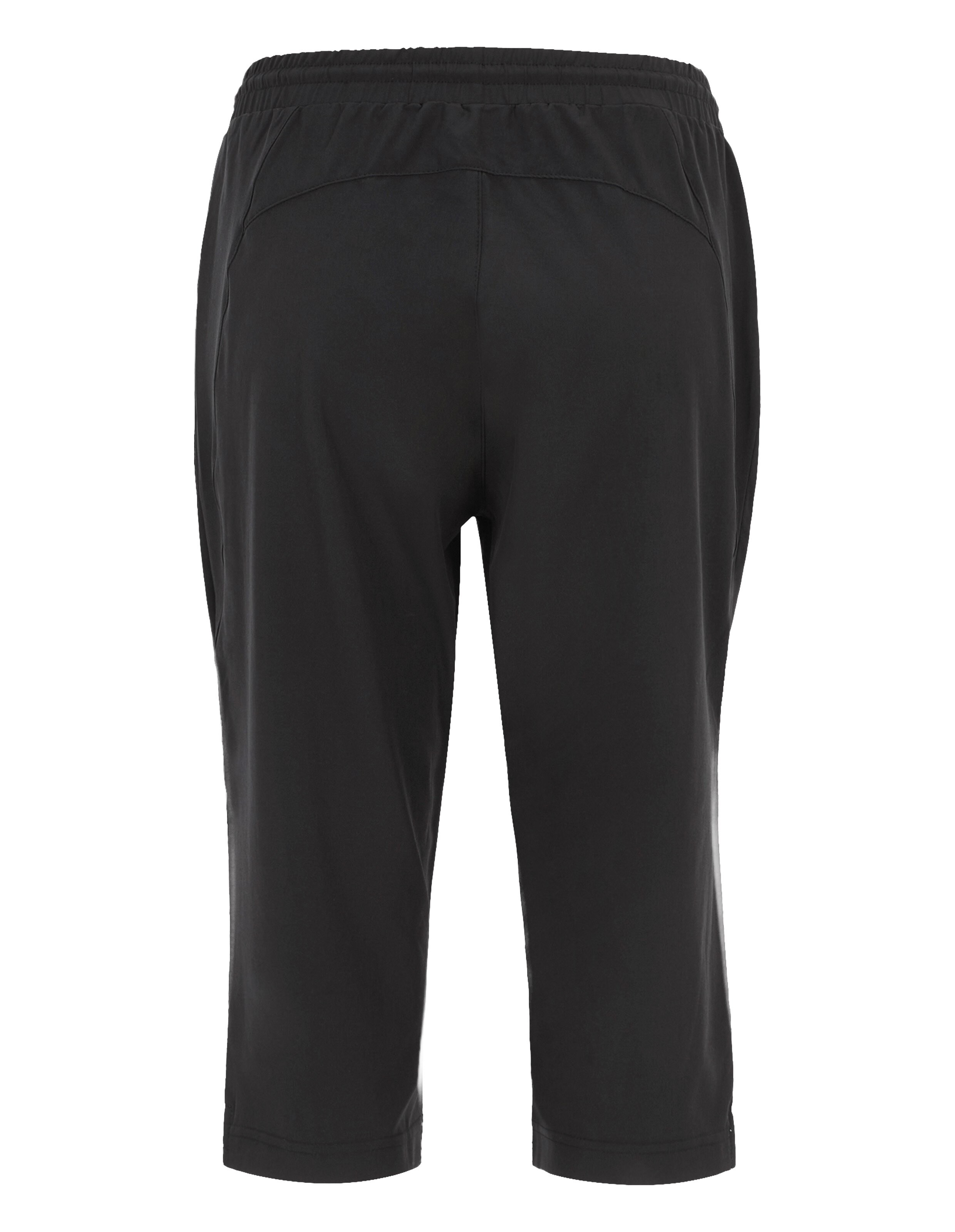 Schwarze, knielange Sportshorts mit elastischem Bund, dargestellt von hinten, ohne auffällige Details oder Taschen.