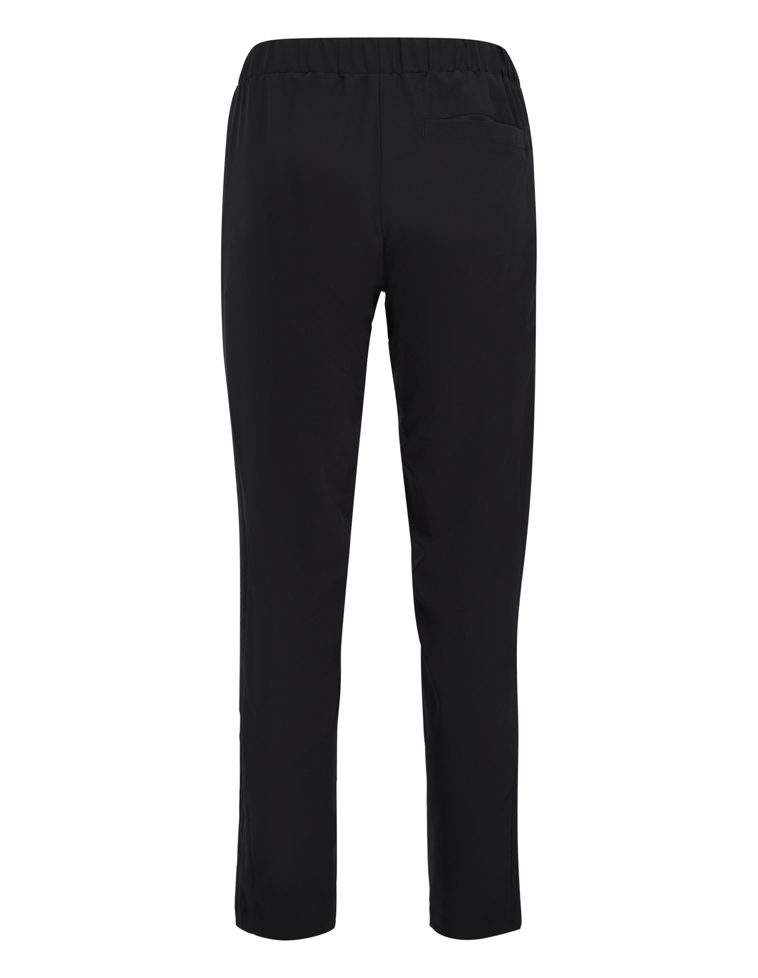 Schwarze, lange Hose mit elastischem Bund und geradem Schnitt, Rückansicht zeigt eine Ziertasche rechts, schlichtes Design.