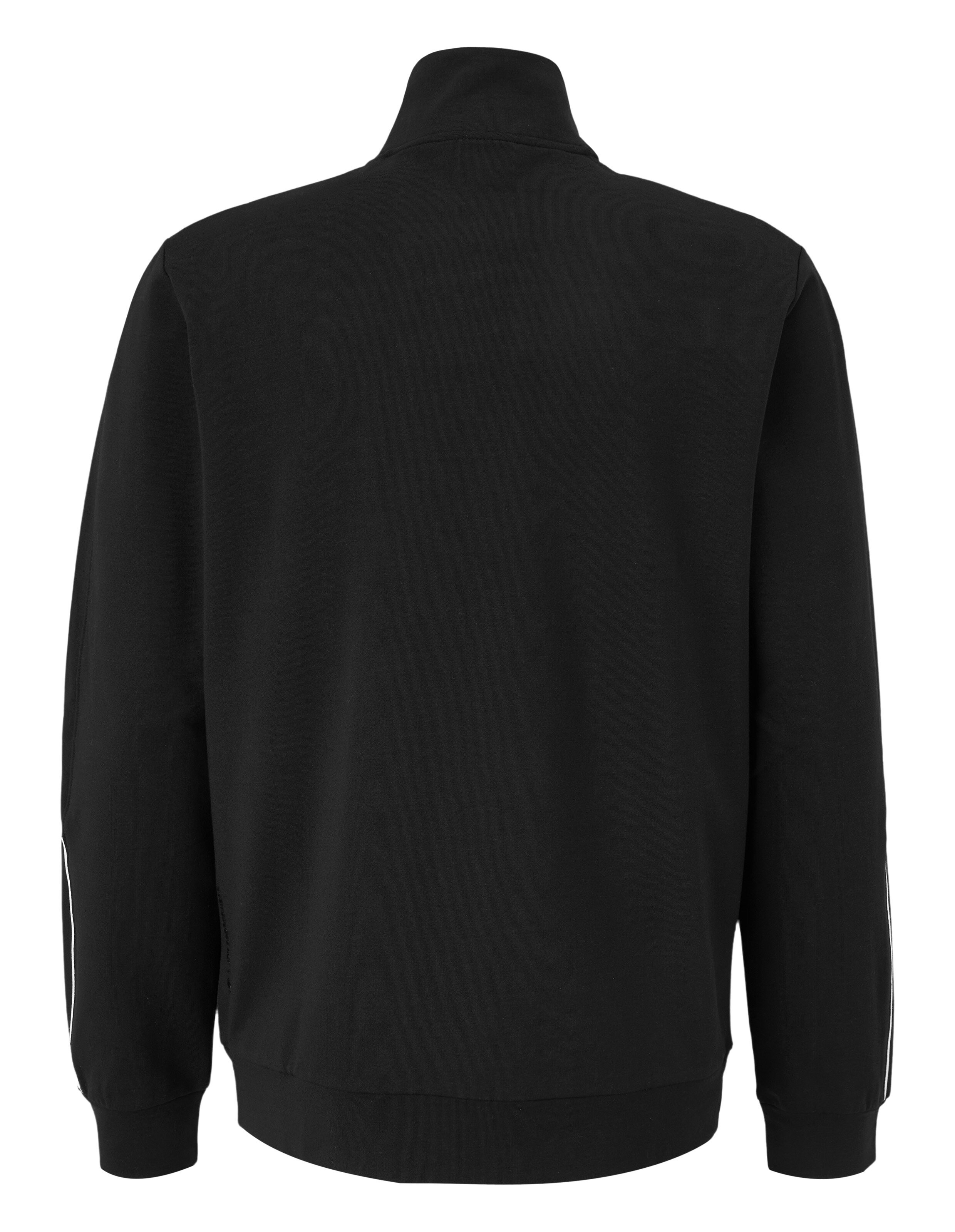 Schwarze Jacke mit Stehkragen, Frontreißverschluss und zwei Seitentaschen, schlichtes Design, ideal für kühle Tage.