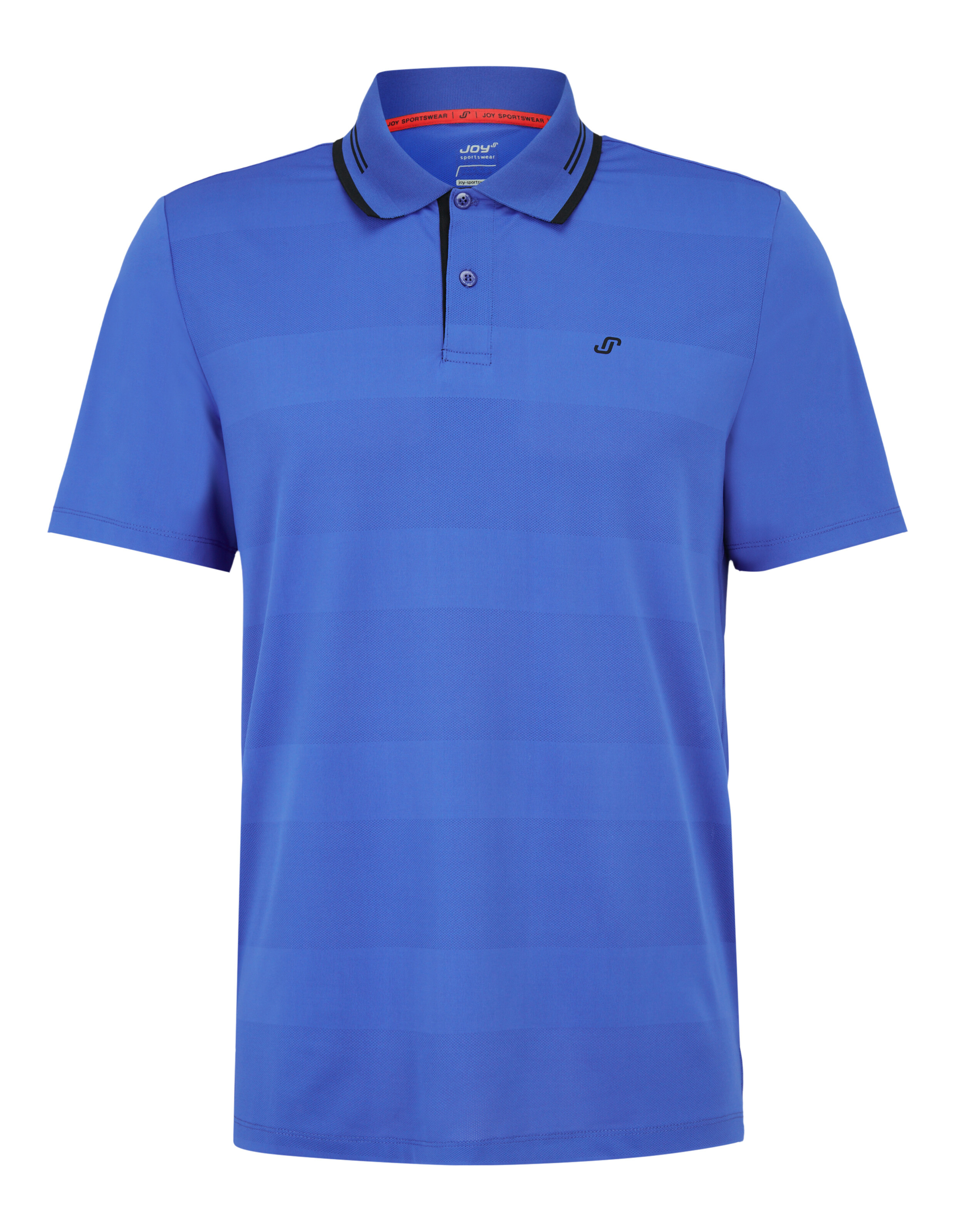 Blaues Kurzarm-Poloshirt mit Streifenstruktur und schwarzem Kragenbesatz.