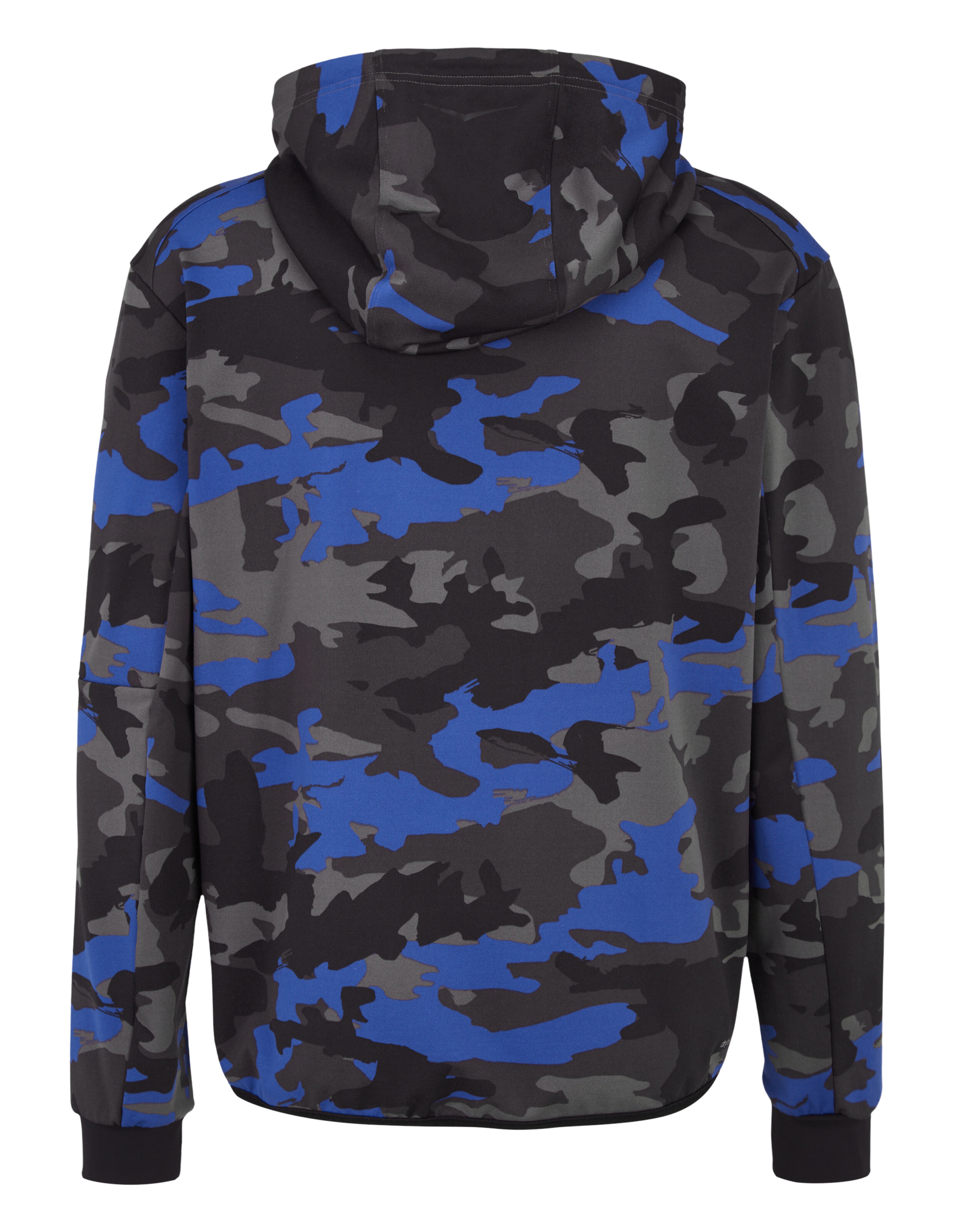 Rückansicht eines gemütlichen blauen und schwarzen Kapuzenpullovers mit Tarnmuster für lässige Loungewear.