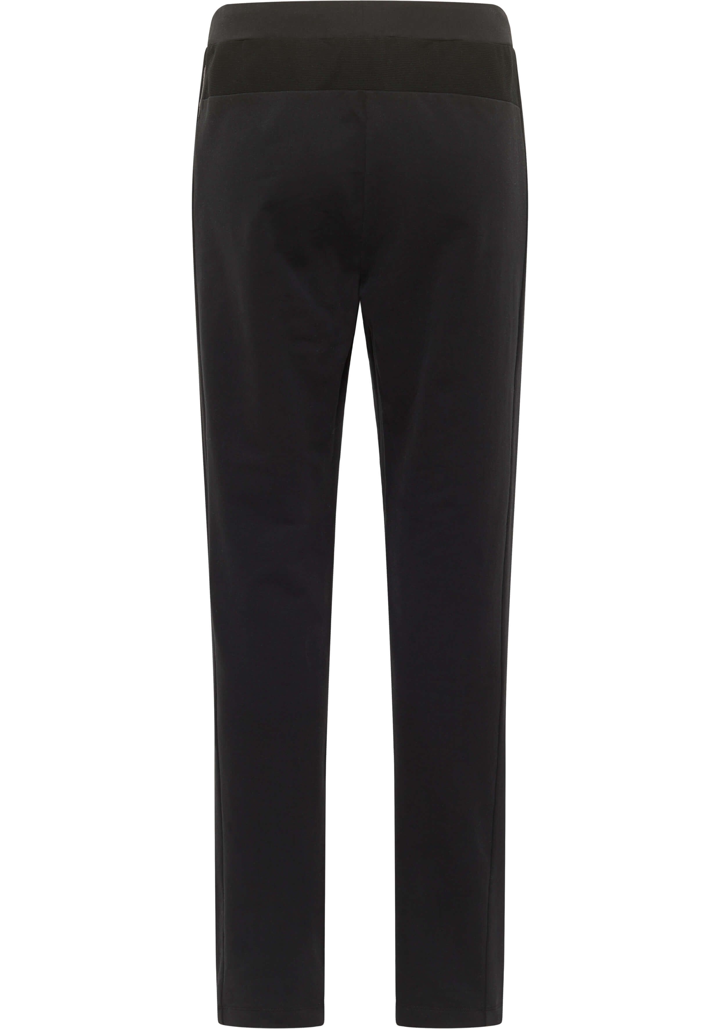 Rückansicht einer schwarzen, lässigen Loungehose mit bequemem elastischem Bund.