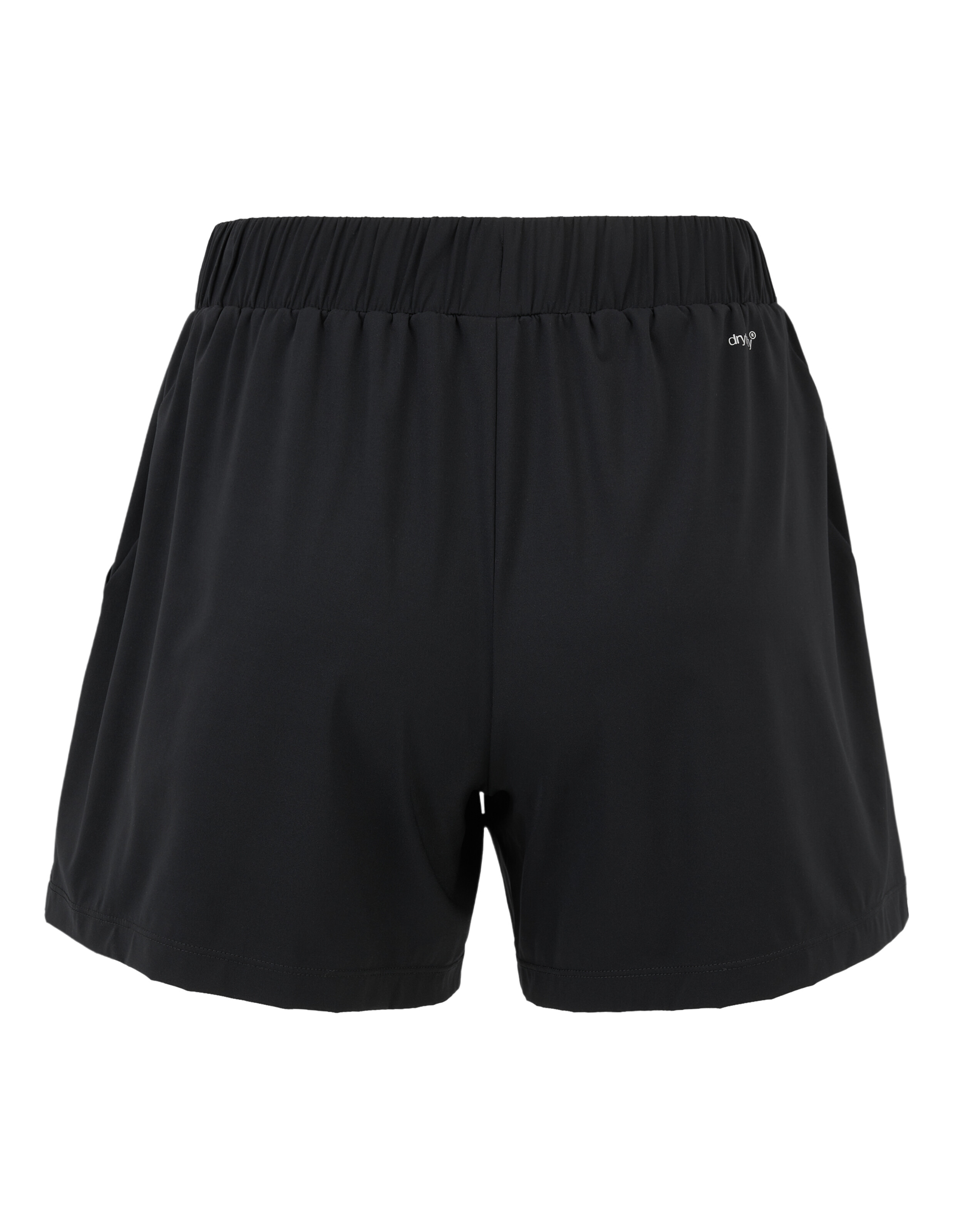 Rückansicht einer schwarzen, lässigen Sportshorts mit elastischem Bund.