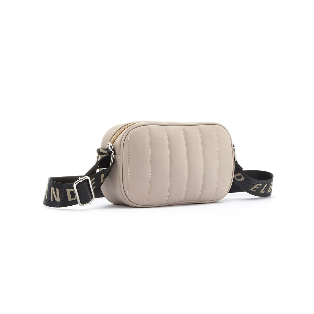 Beige gesteppte Umhängetasche mit stilvollem schwarzem Riemen für lässige Ausflüge.