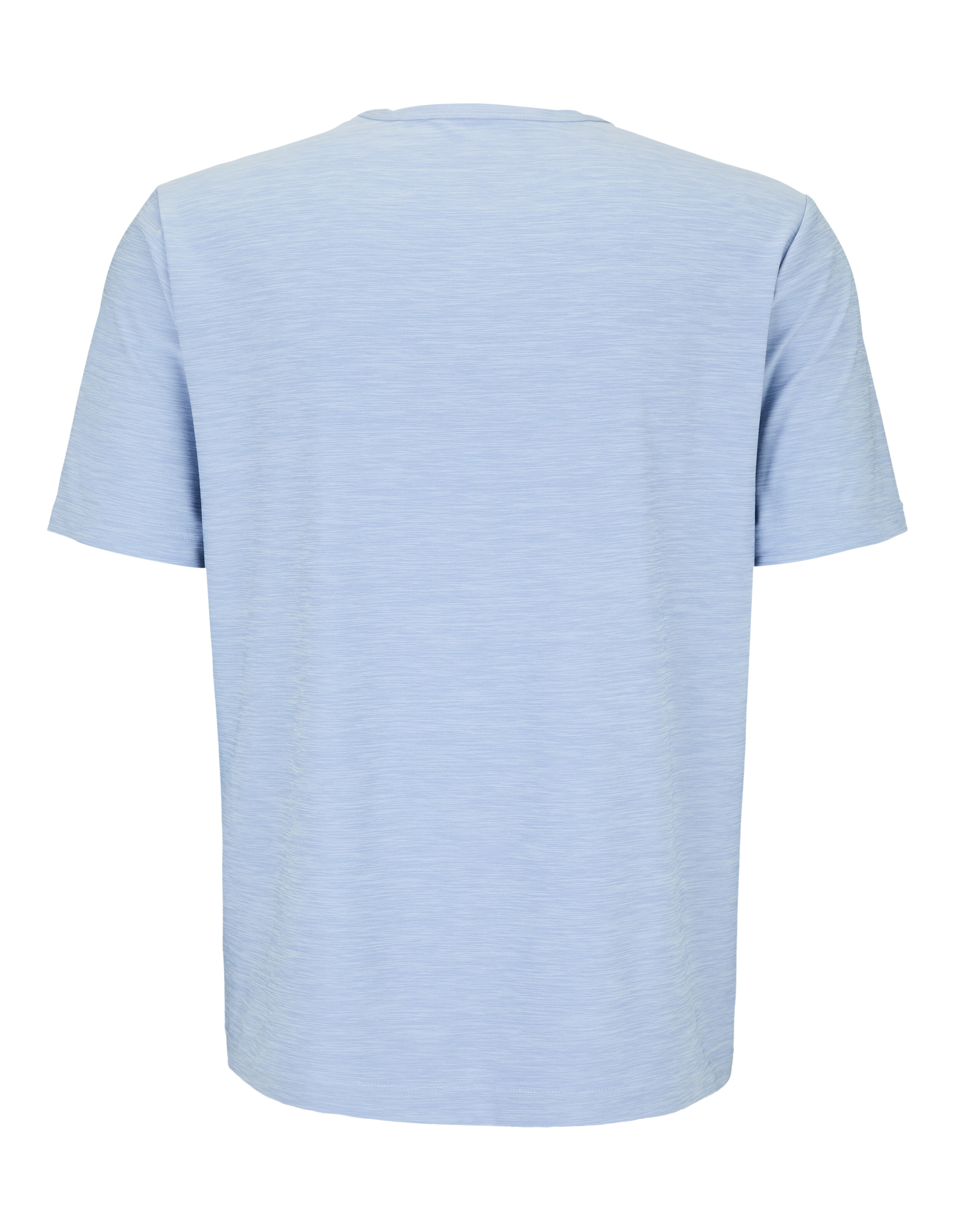 Ein hellblaues T-Shirt mit kurzem Arm und dezent gestreiftem Muster.