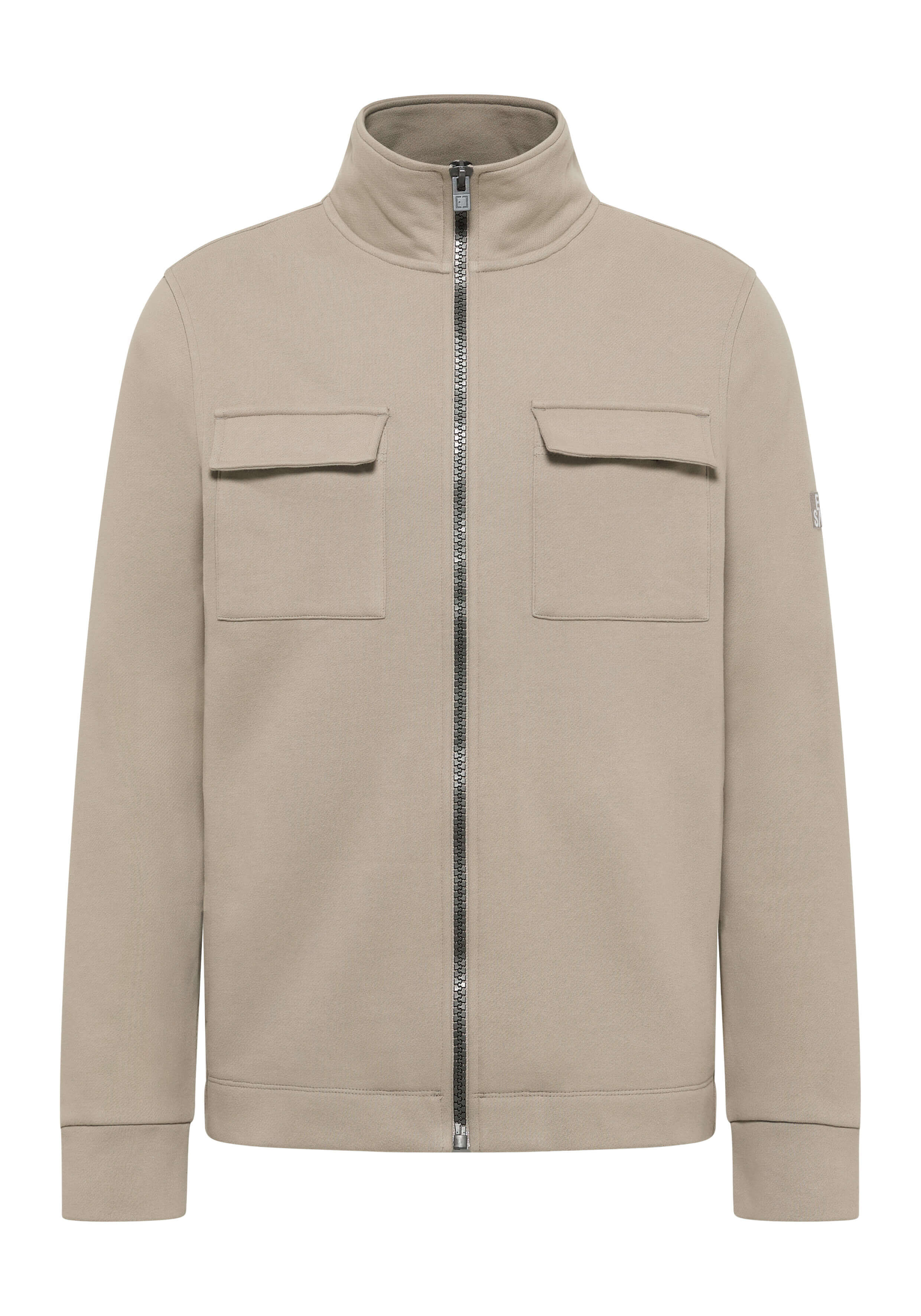 Beigefarbenes, lässiges Sweatshirt mit Reißverschluss, Brusttaschen und hohem Kragen für gemütliche Loungewear.