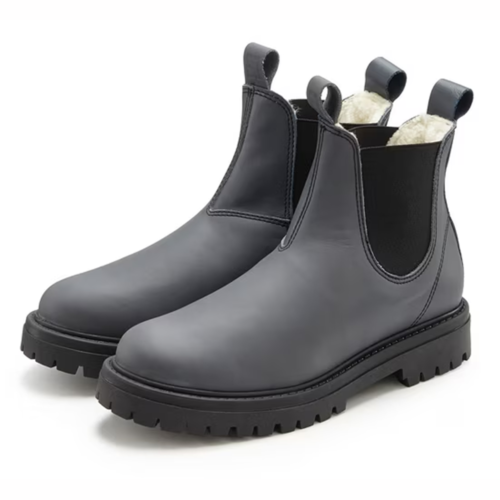 Stylische graue Chelsea-Stiefel mit robuster Sohle und kuscheligem Futter.