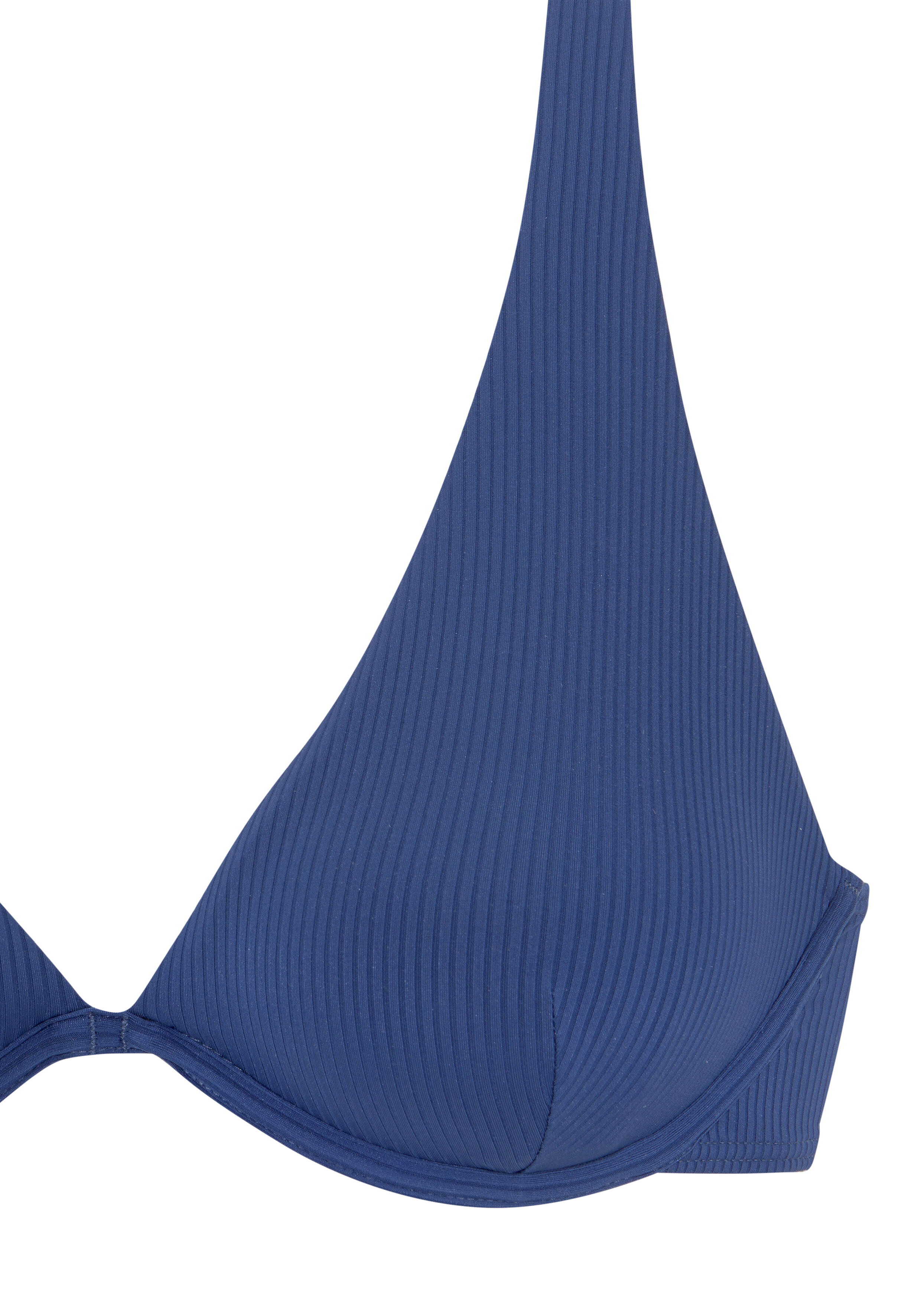Blaues, geripptes Bikinioberteil mit Bügel, perfekt für entspanntes Faulenzen am Strand oder am Pool.