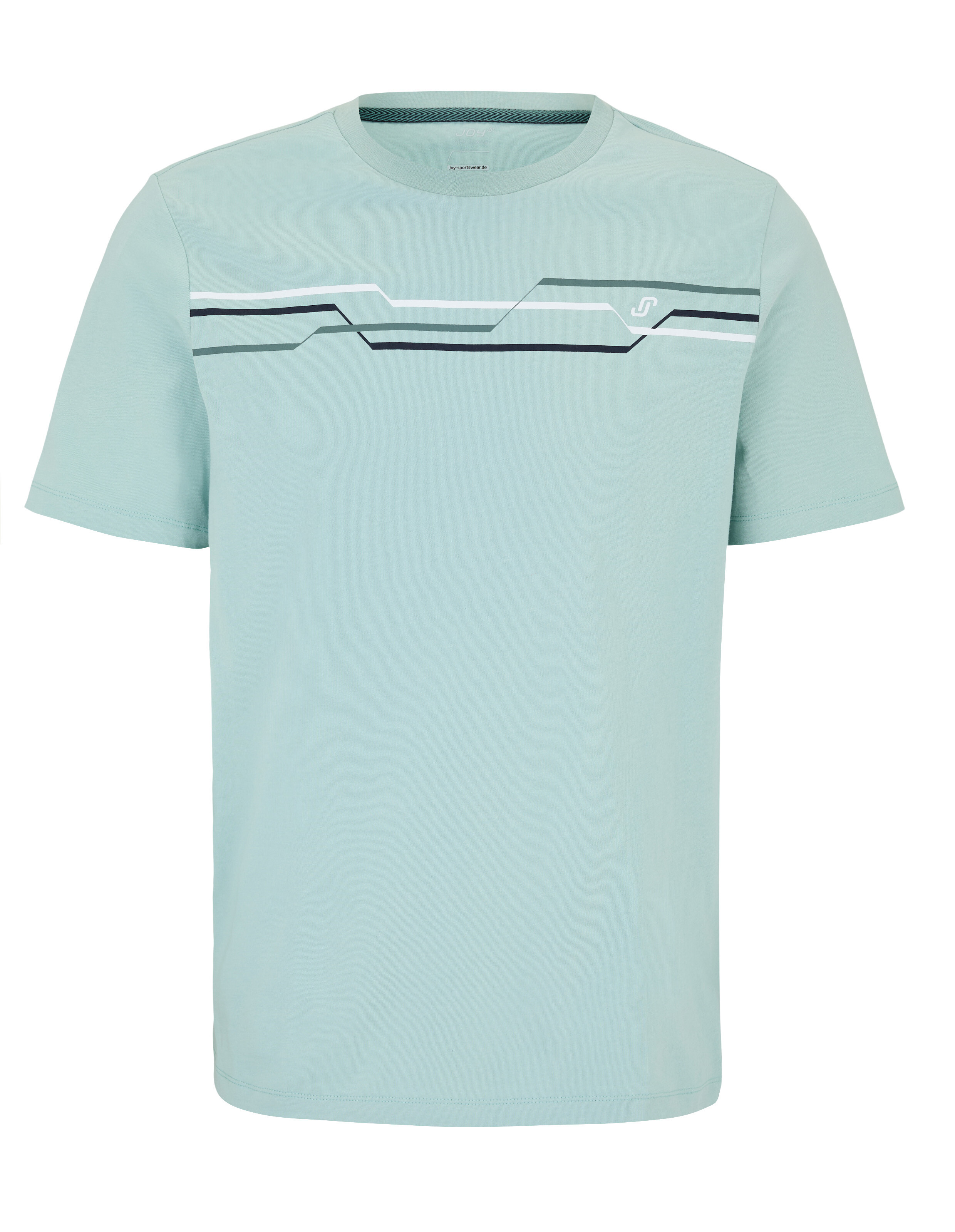 Ein hellgrünes T-Shirt mit einem grafischen Streifenmuster auf der Brust.