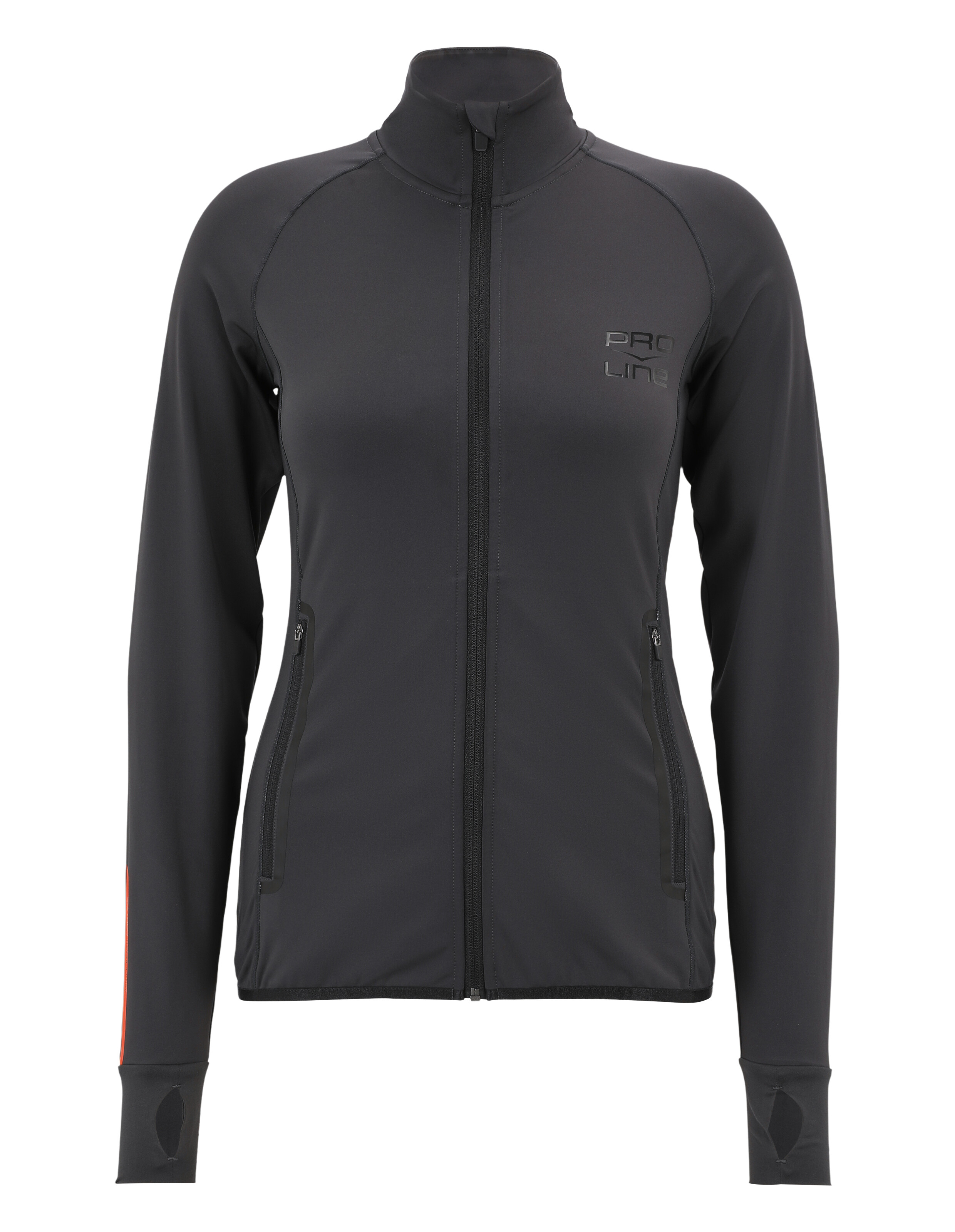 Schwarze Damenjacke mit Reißverschluss, sportlichem Design und Daumenlöchern.