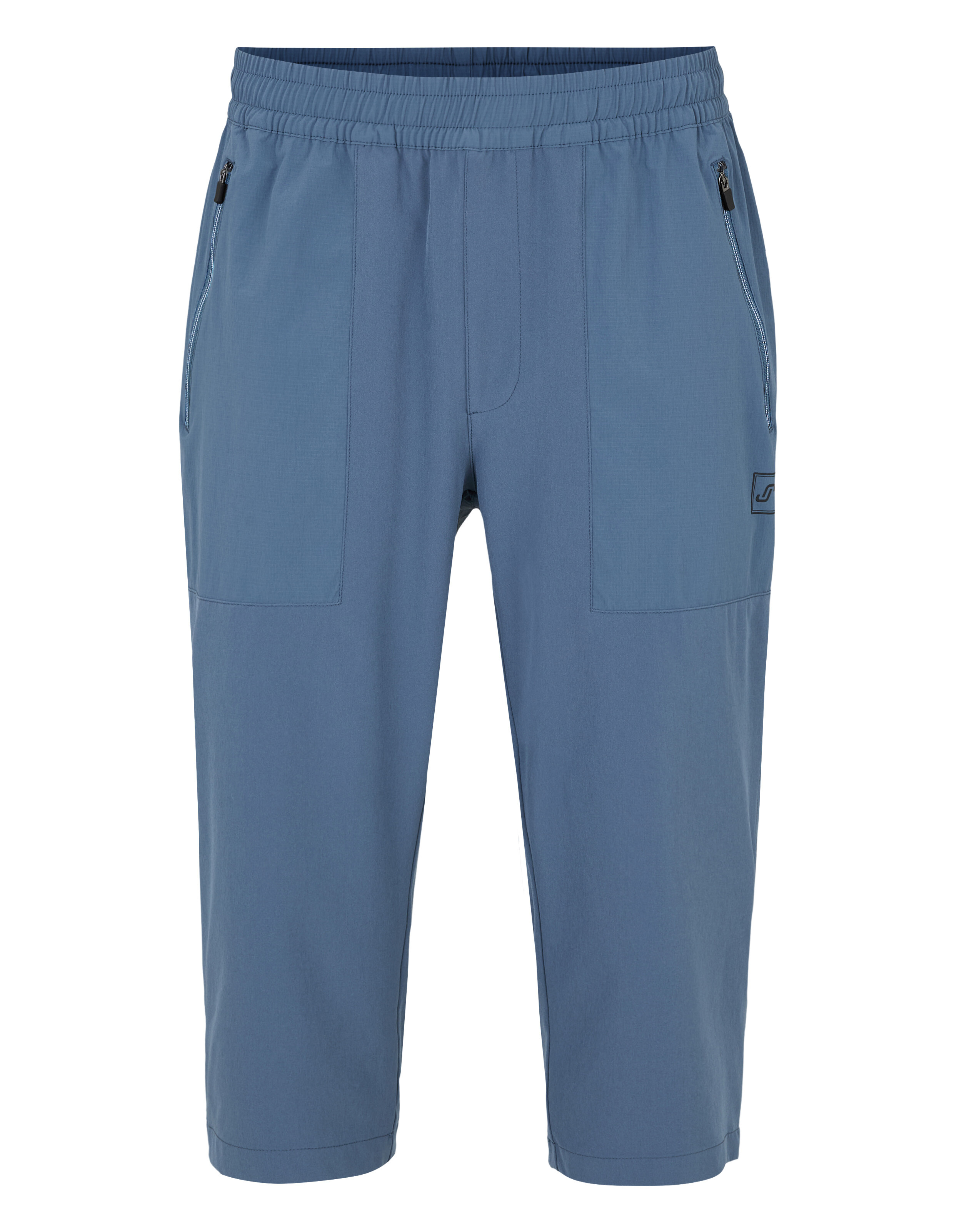 Blaue Caprihose mit Reißverschlusstaschen und seitlichem Logo-Detail.