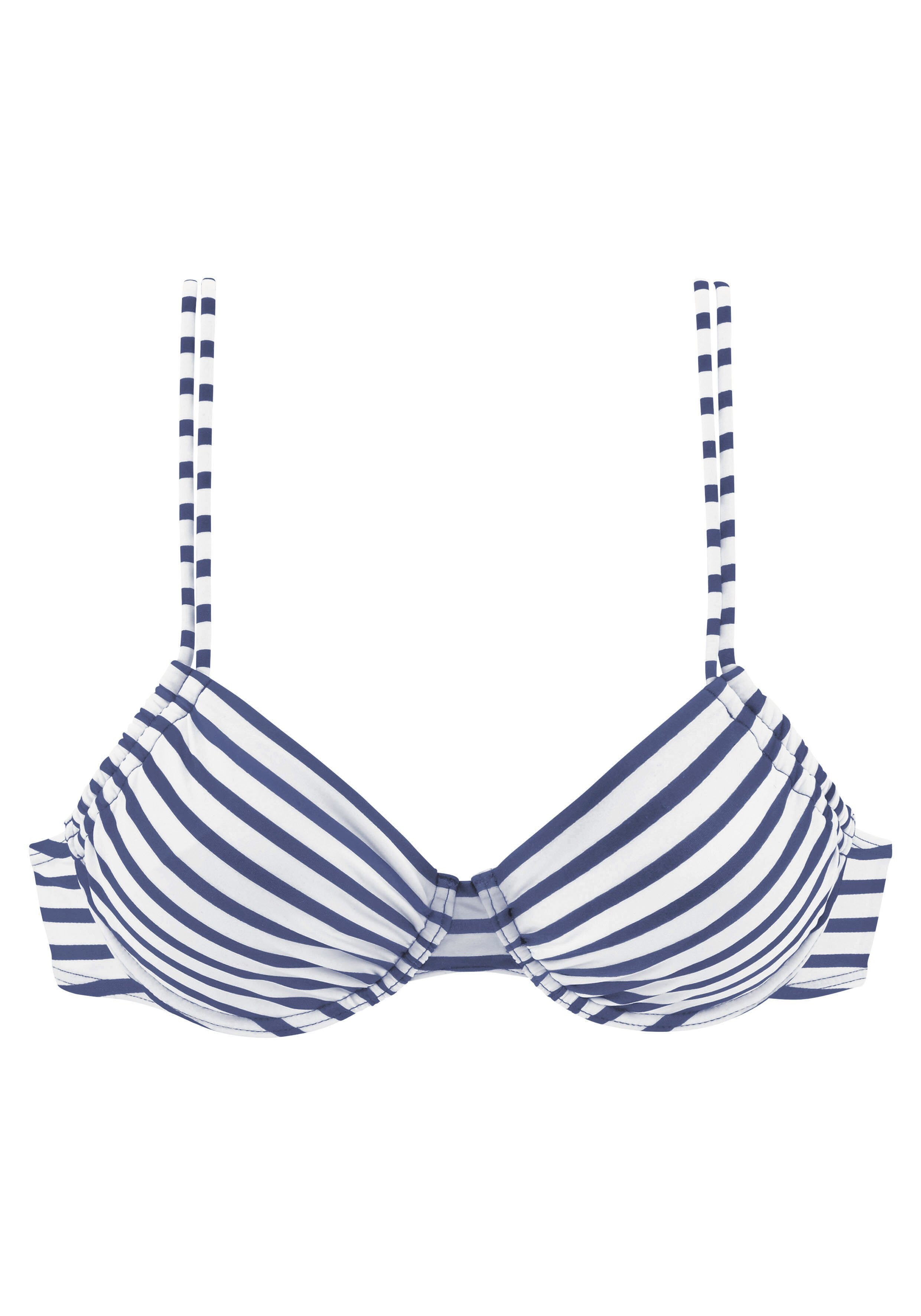 Marineblau-weiß gestreiftes Bikinioberteil mit verstellbaren Trägern für lässige Strandkleidung.