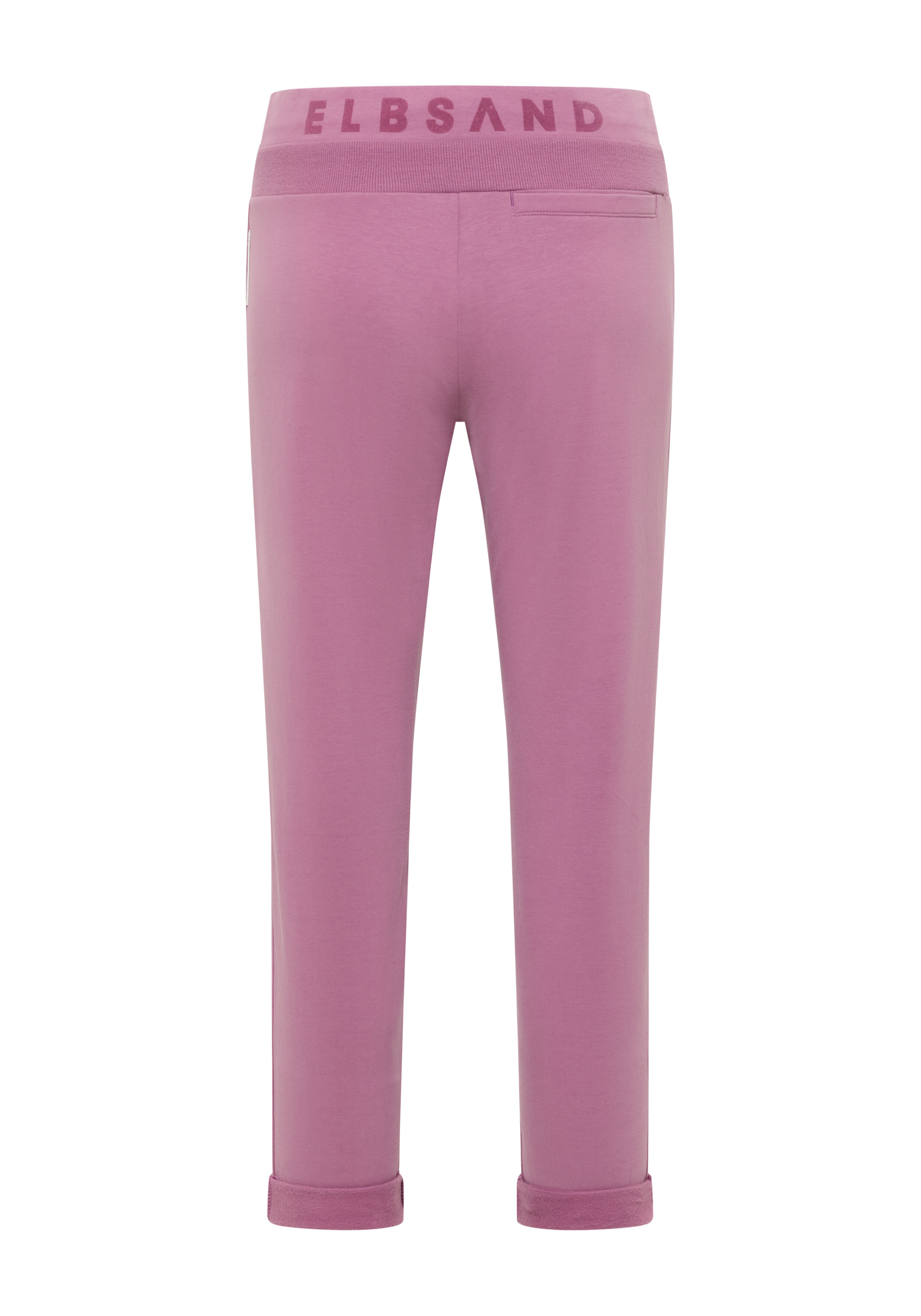 Rückansicht der lässigen ELBSAND-Loungehose in Mauve mit Marken-Elastikbund.